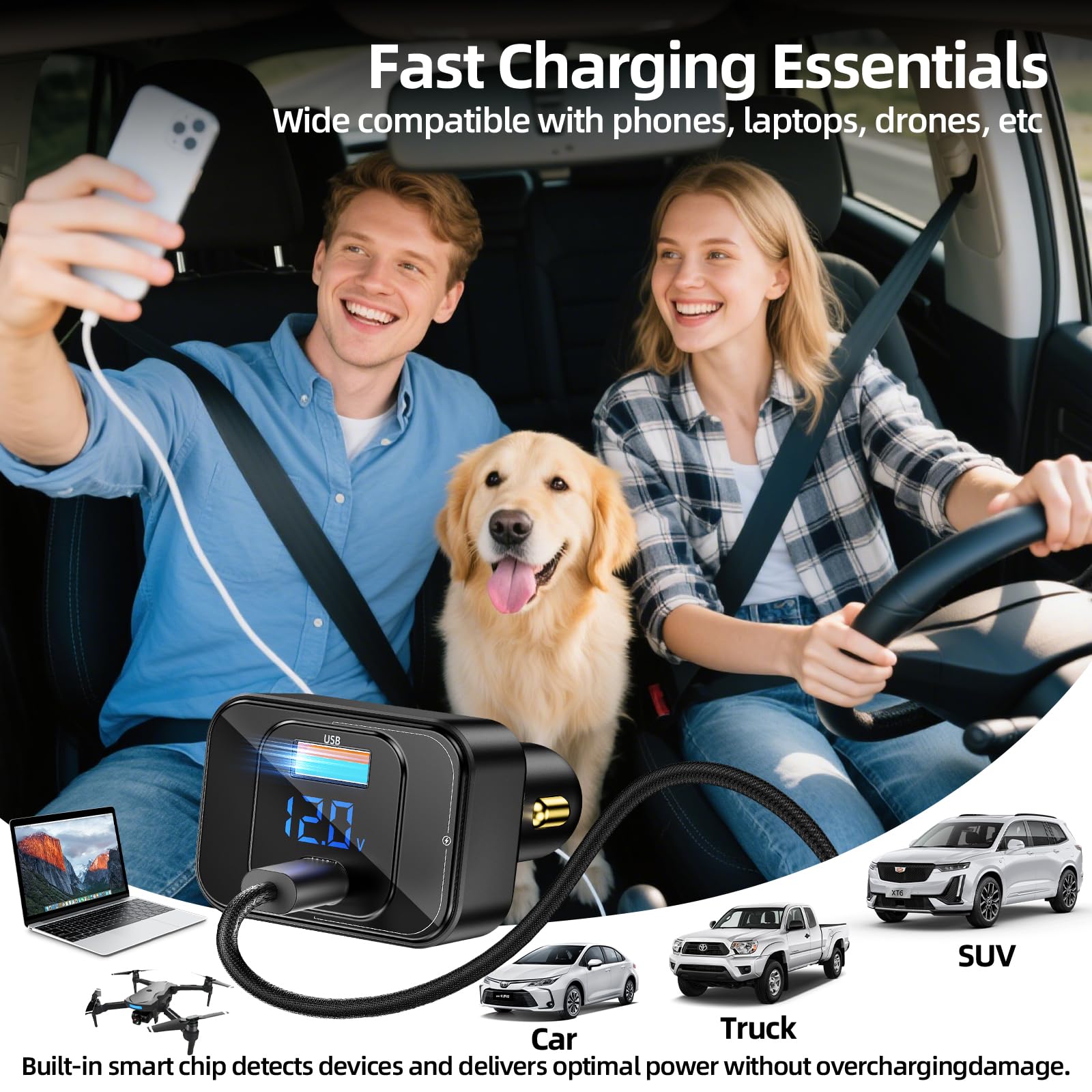 170W PD3.1 Autoladegerät mit LED-Anzeige, USB-C Stabiles Schnellladen (140W+30W) für iPhone 16 Pro Max/Samsung S25 Ultra/MacBook/Drohnen/Laptops, 12V-24V Fahrzeug Zigarettenanzünder Adapter