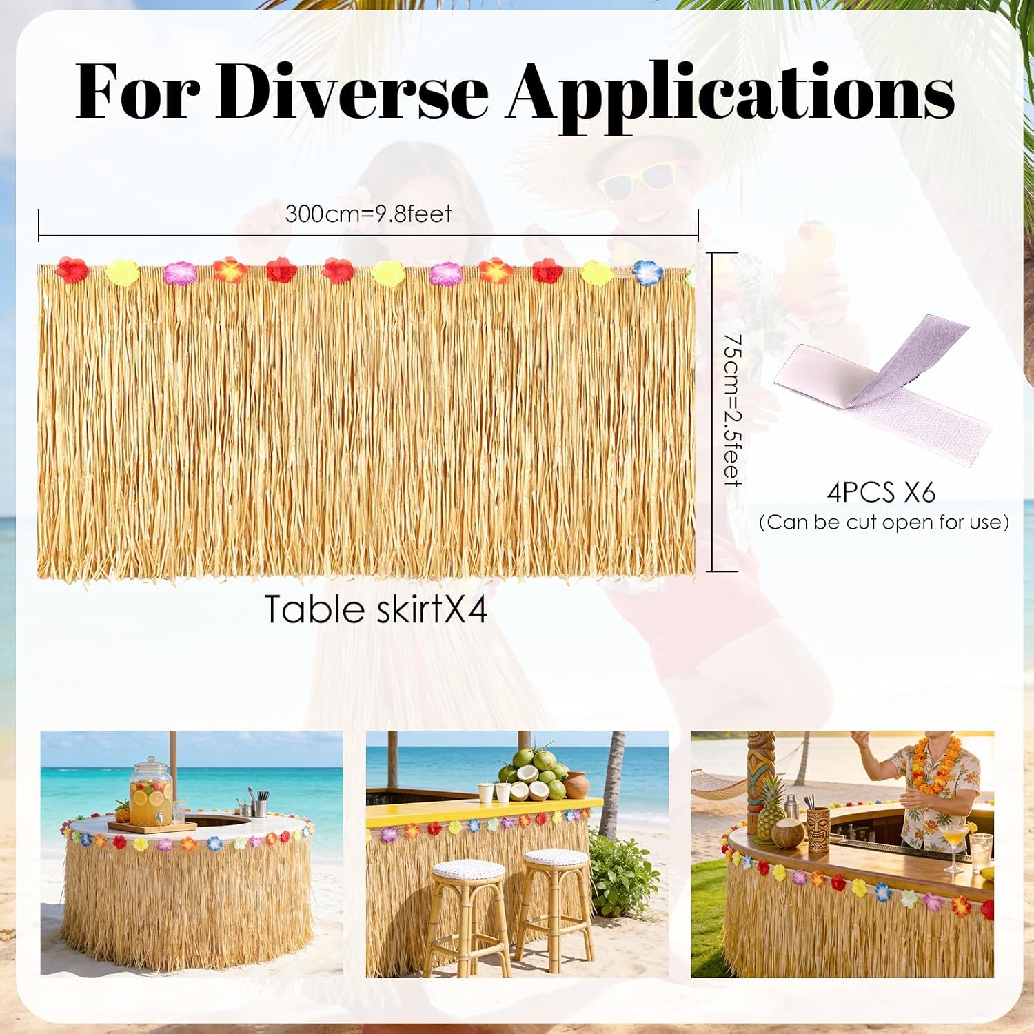THARAHT 4pcs Luau Grass Table Skirt 9.84Ft x 29.5in With Hibiscus Flower Velcro Waterproof Oil-Resistant Reusable For Tropical Hawaiian Beach Birthday Jungle-Themed Events Home Party Decoration image 2