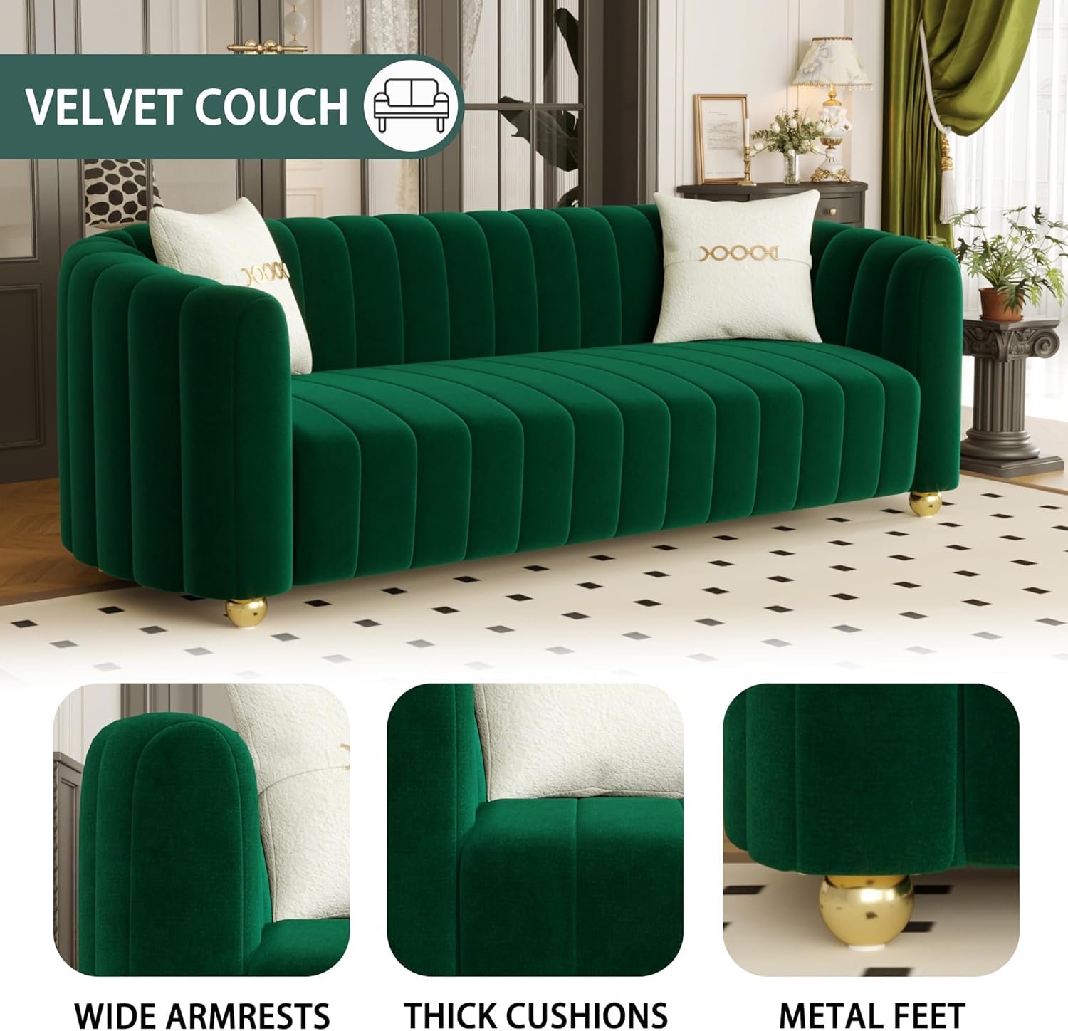 83" Green Velvet Couch for Living Room Mid Century Modern Couches Metal Round Feet Elegant Comfy Couches Velvet Loveseat 3 Seater Apartment Sofa Modern Couch for Bedroom Office 03-green-53