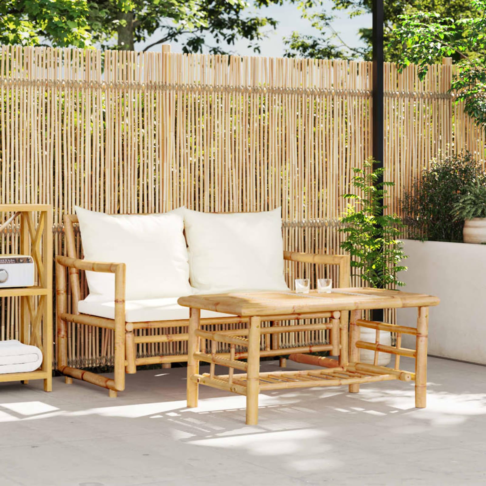Homgoday Set da Giardino in BAMB¨´ con Tavolo e Divano a 2 Posti, Cuscini Sfoderabili e Lavabili, Bianco Crema, Capacit¨¤ di Carico 110 kg per Posto, Ideale per Esterni