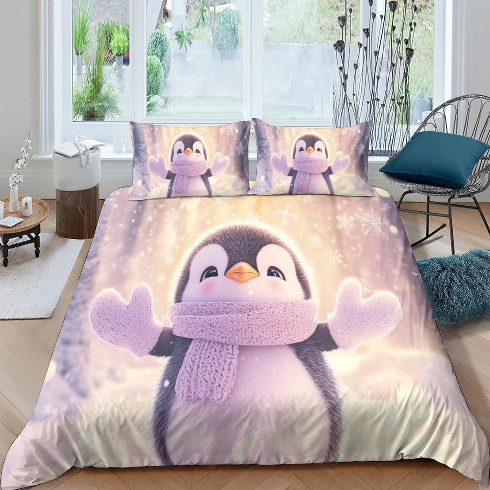 GPLZQXKJNH 3D Printed Cute Penguin Duvet Cover Microfiber Soft Breathable Cartoon Winter Forest Bedding Set with 2 Pillowcases for Bedroom Decor Single（135x200cm）