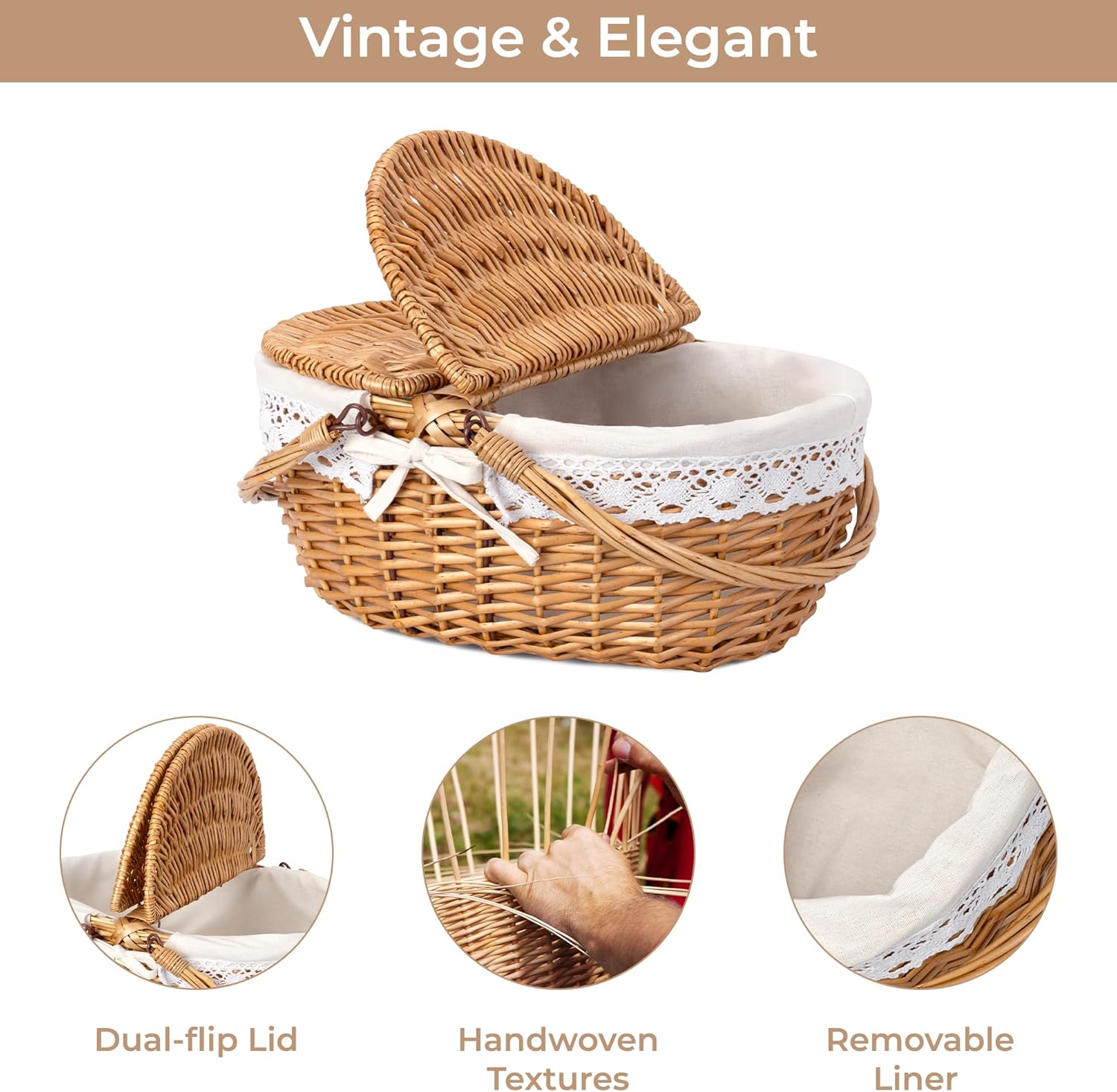GRANNY SAYS Picnic Basket, Wicker Basket with Lid, Woven Cute Basket with Handle, Storage Basket with Washable Lining & Dual-Flid Lid, Natural Willow Picnic Hamper, White Lining