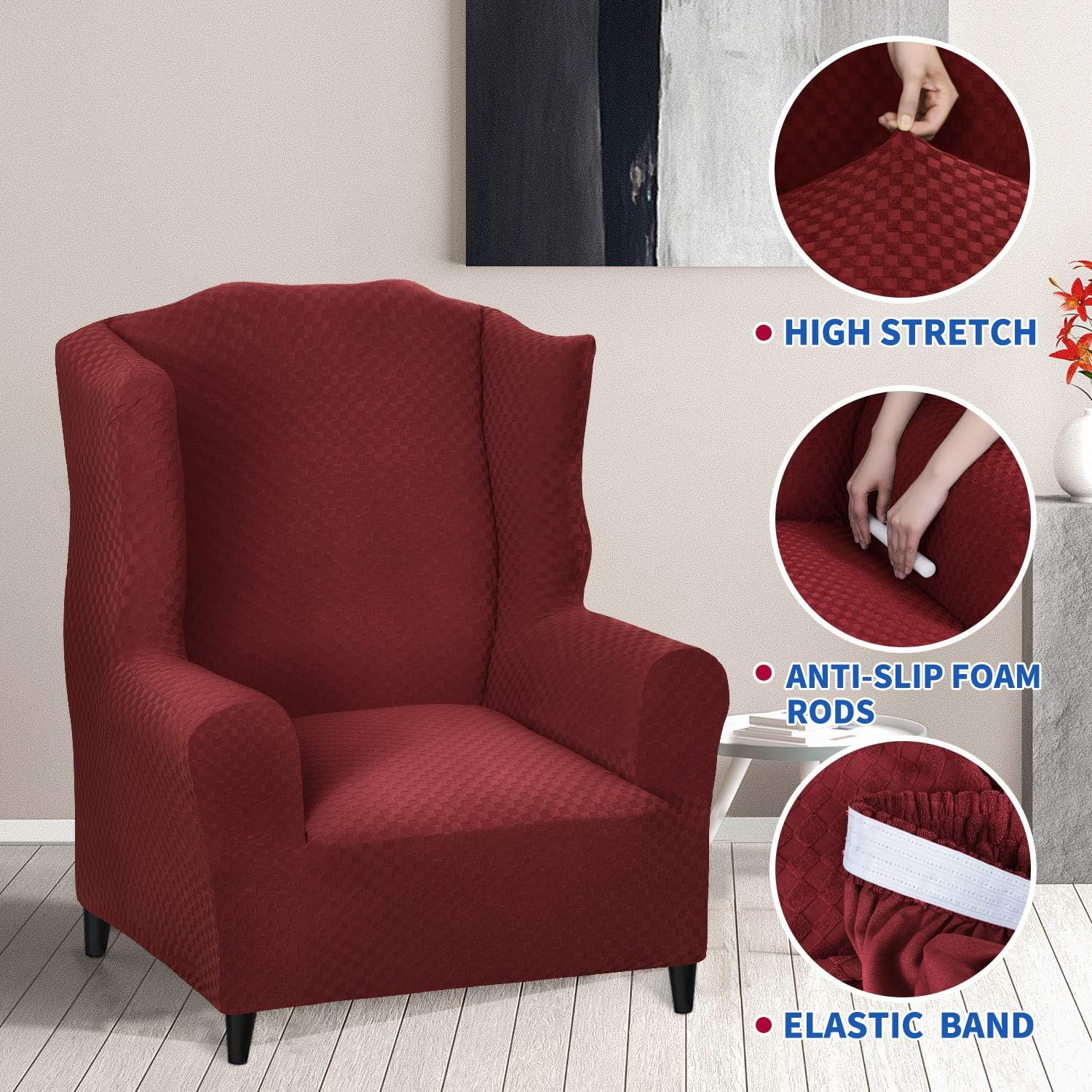 MAXIJIN Wingback Chair Covers 1-Piece Stretch Wing Chair Covers Soft Thick Wingback Armchair Slipcover Non-Slip High Back Chair Furniture Protector Washable (Wing Chair, Wine Red)