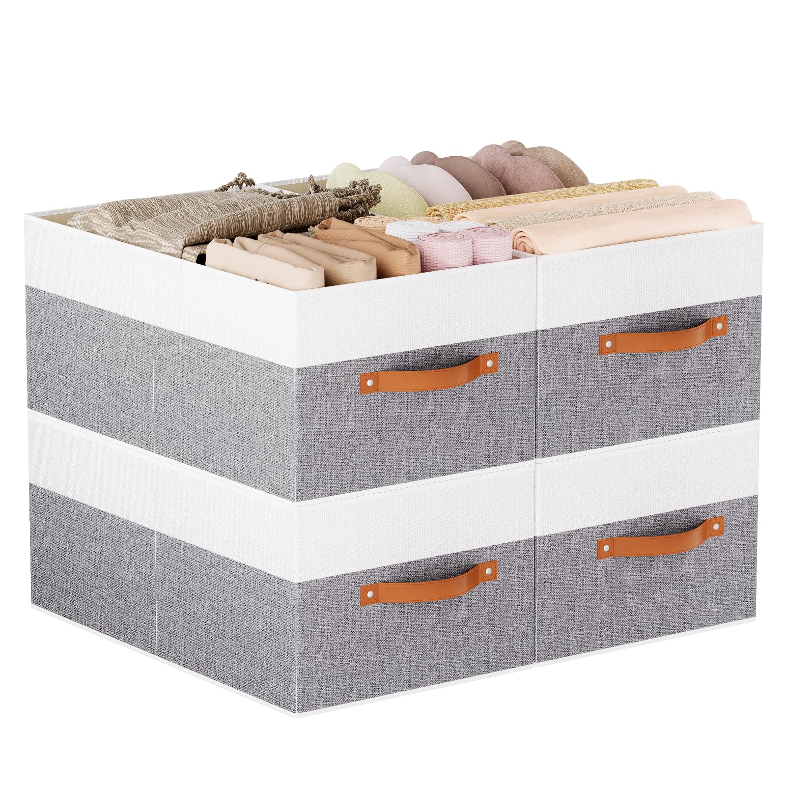 4 Stück Aufbewahrungsbox, Weiß/Grau Stoffboxen, 47×28×20cm | Aufbewahrungskorb Stoff, Aufbewahrungsboxen, Faltboxen, Kleiderschrank Organizer, für Kleidung, Kleiderbox