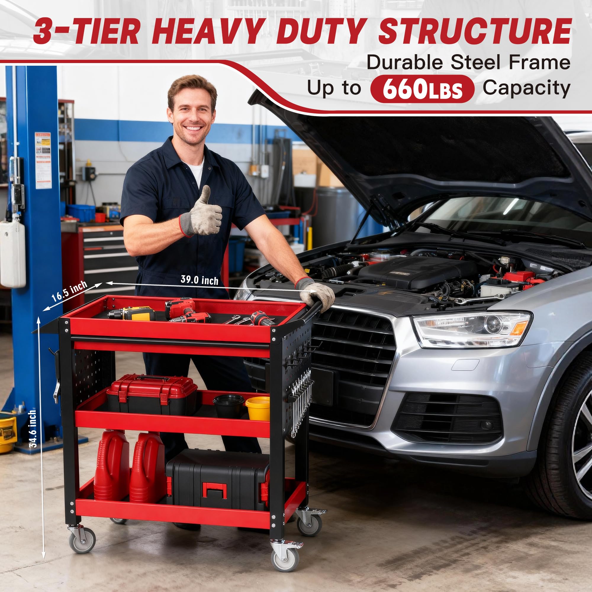 Heavy Duty Rolling Tool Cart - 3 Tier Storage -2