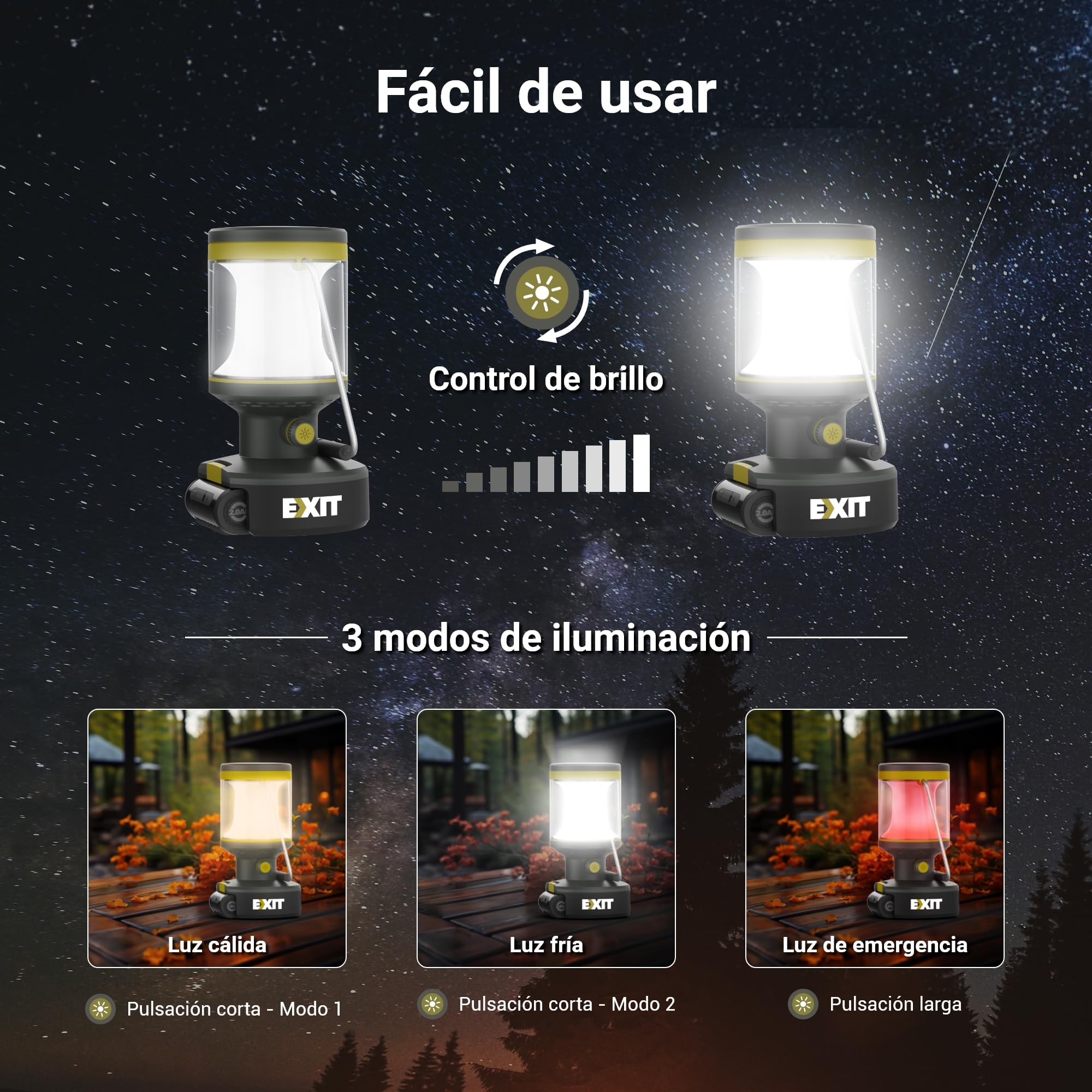 EXIT 20V lámpara LED recargable 3-en-1, linterna de camping multifuncional con linterna integrada. Ideal para camping, caza, emergencias y más. Incluye una batería de 2,0 Ah.