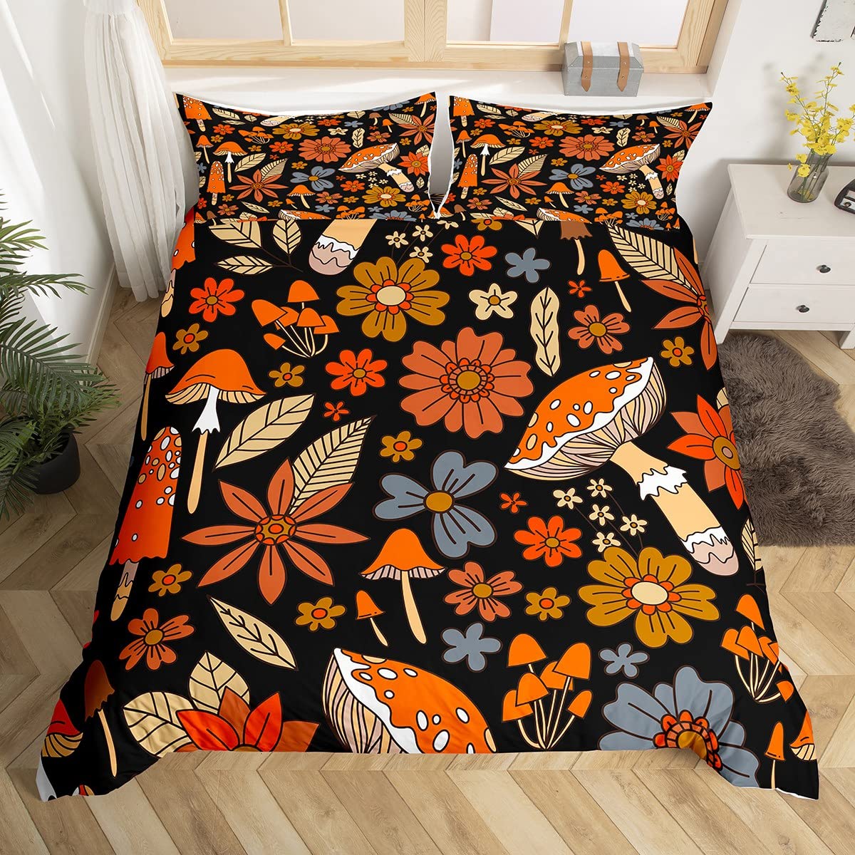 Set di biancheria da letto con motivo floreale con foglie botaniche, lenzuolo con angoli per bambini adulti di bellezza confortevole nero 3 pezzi matrimoniale