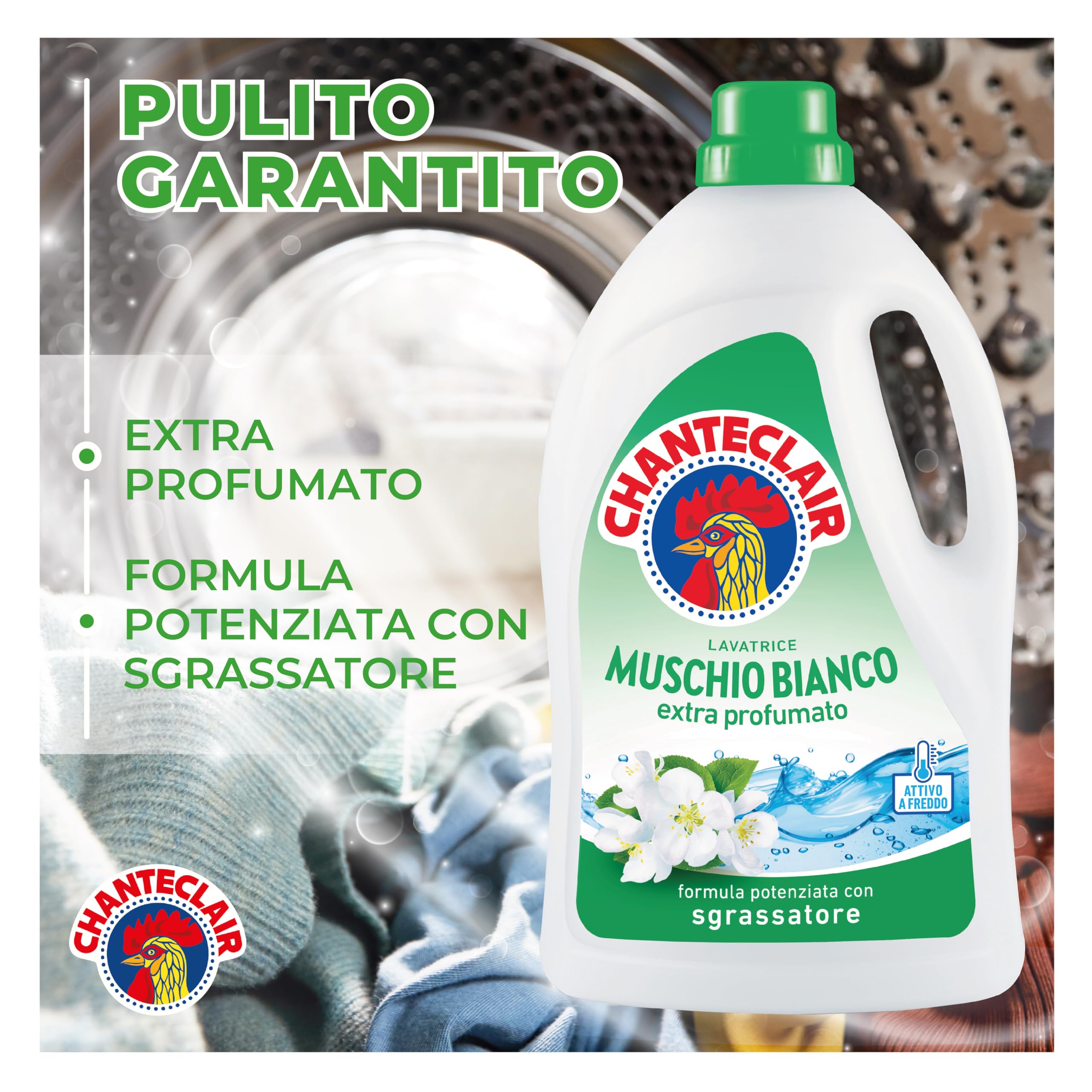 Chanteclair - Detersivo per Lavatrice, Profumo Muschio Bianco, Formula Concentrata, con Vero Sgrassatore - 3 Flaconi da 1260 ml