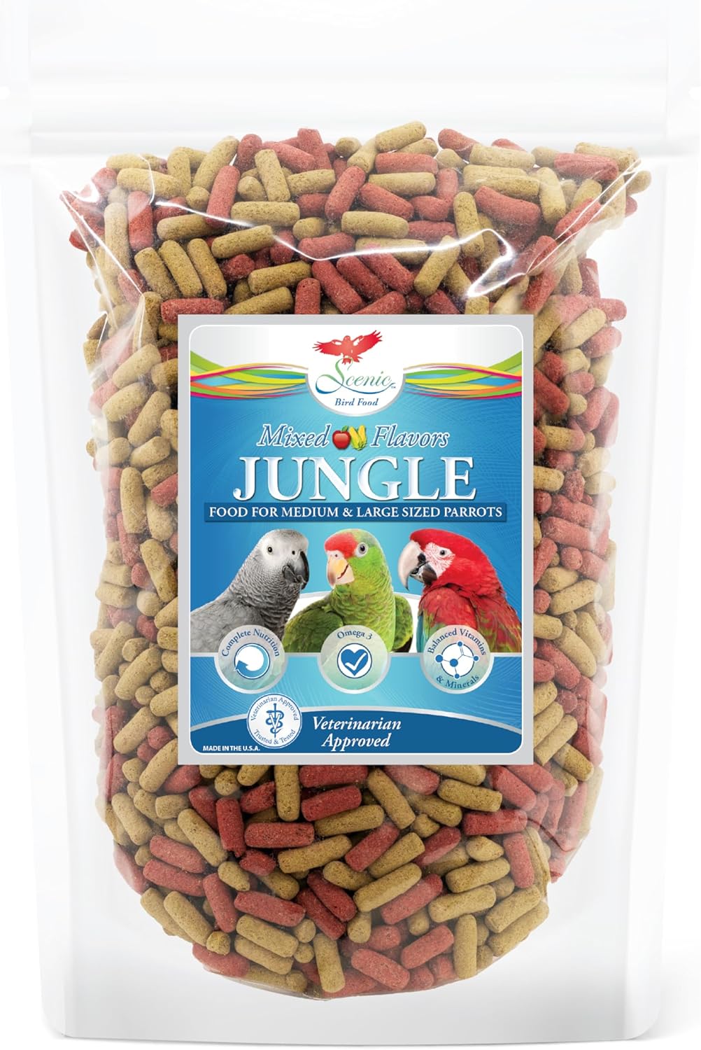 Scenic Mix Jungle Large Parrot Food - 6 lb (2 x 3 lb Bags) - 1" Bird Pellets - Complete Nutrition for Macaws, Amazons, Cockatoos, African Grey Parrots & More