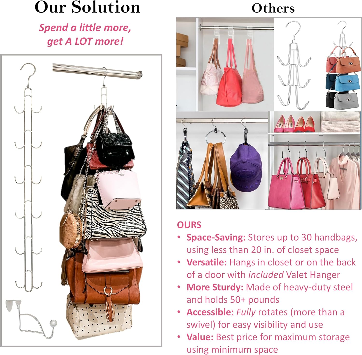 Over Door and Closet Purse Hanger Organizer- 12++ Max Purse Storage, Bag Holder Rotates 360, Quality Heavy Duty Chrome Holds 50lbs; Purses, Handbags, Totes, Crossbody, Backpacks, Fanny, Belt Bags