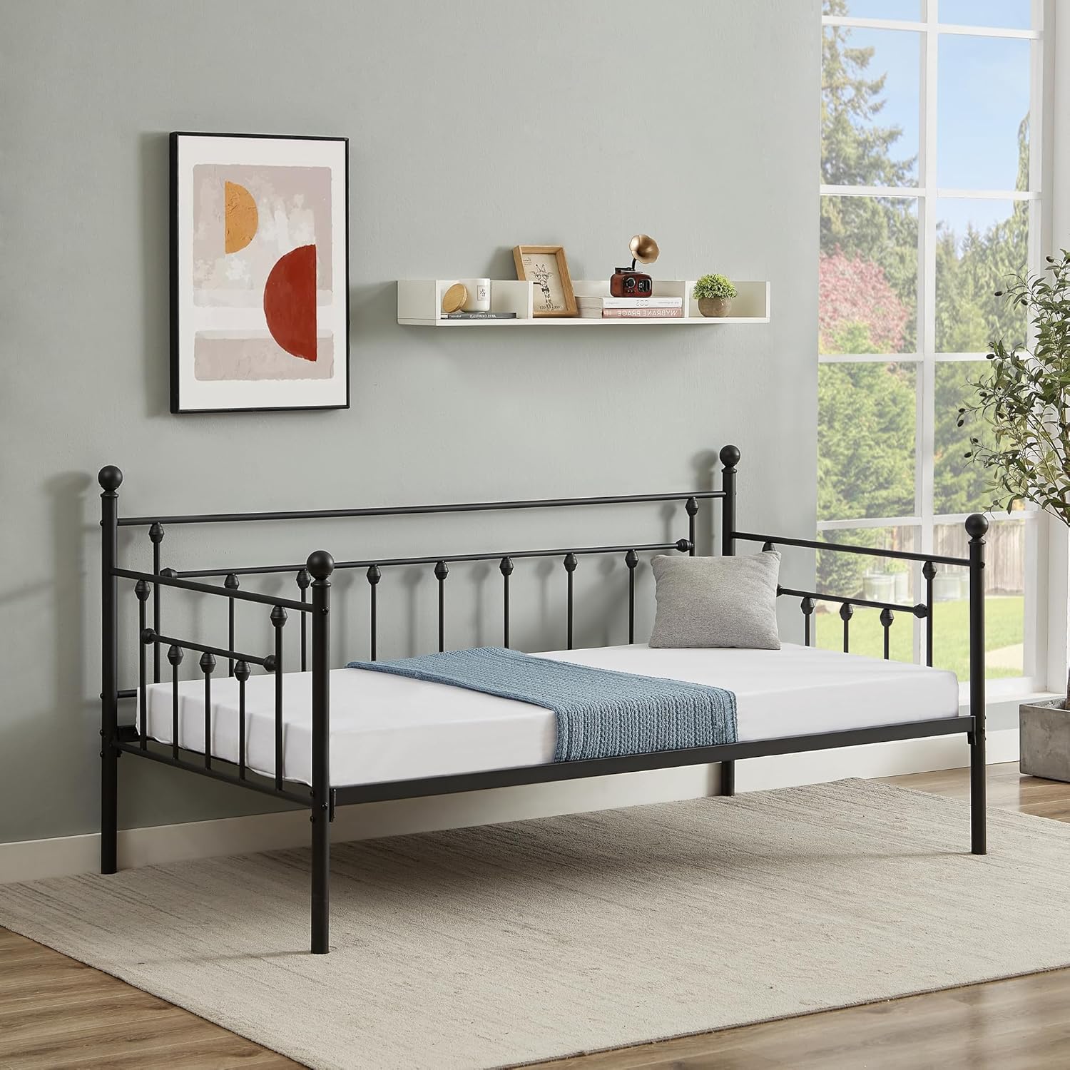 VECELO Twin Size Daybed Frame Metal Steel Slat Support with Headboard Sofa Bed Platform for Living Room, Guest Room, Easy Assembly, Black