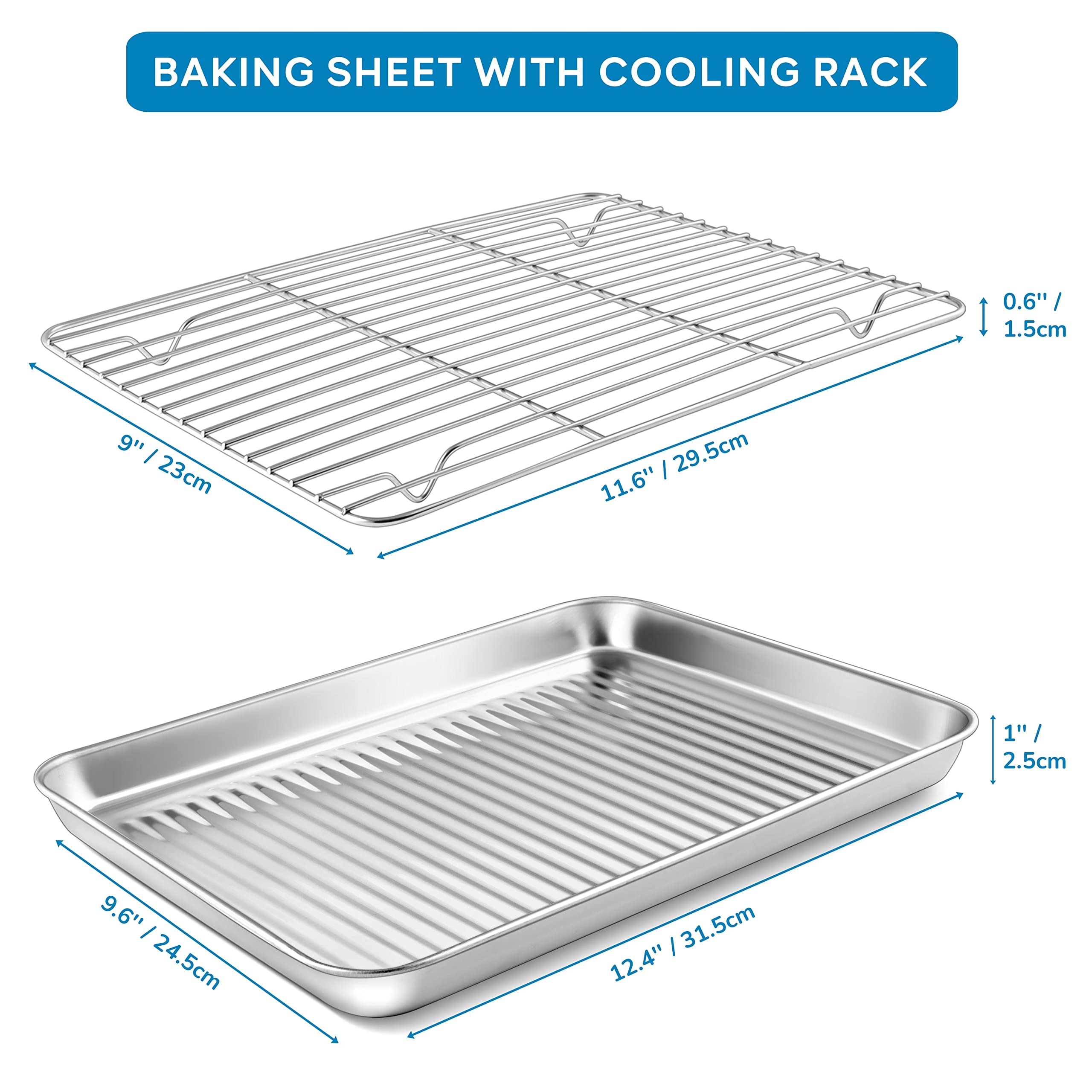 Herogo Stainless Steel Bakeware Pan Set Nonstick, 12 x 9.6 x 1 Inch, Oven Baking Pan with Corrugated Surface, Cookies Sheet Tray Rack Set, Rust Resistant, Dishwasher Safe