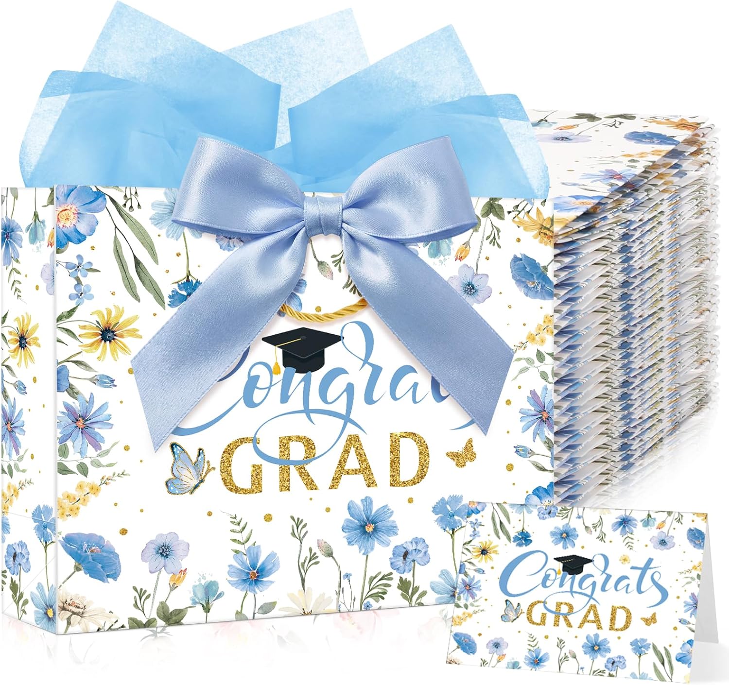 Maitys 12 Pack 13" Large 2026 Graduation Gift Bags Bulk with Handle, Tissue Paper, Card, Ribbon Blue Gold Class of 2026 Congrat Grad Wildflower Paper Wrapping Bag for College Graduation Party Supplies