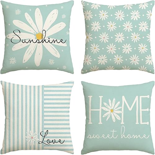 AVOIN colorlife Hello Sunshine - Juego de 4 fundas de almohada de 18 x 18 pulgadas, diseño de rayas de margaritas para sofá y sillón, color verde