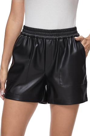 Fahsyee Black Leather Shorts Women - Sexy High Waist Faux Pu Pleather Elastic Casual Short with Pockets Plus Size S-XXL