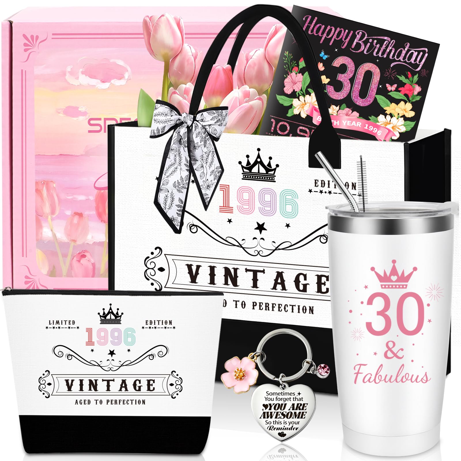 30th Birthday Gifts for Women,Unique 30 Years Old Birthday Include 20 Oz Stainless Steel Tumbler with Straw Gifts for Wife Aunt Sister Friends Her,Fashion 1996 Handbag Cosmetic Bag Born in 1996 Card