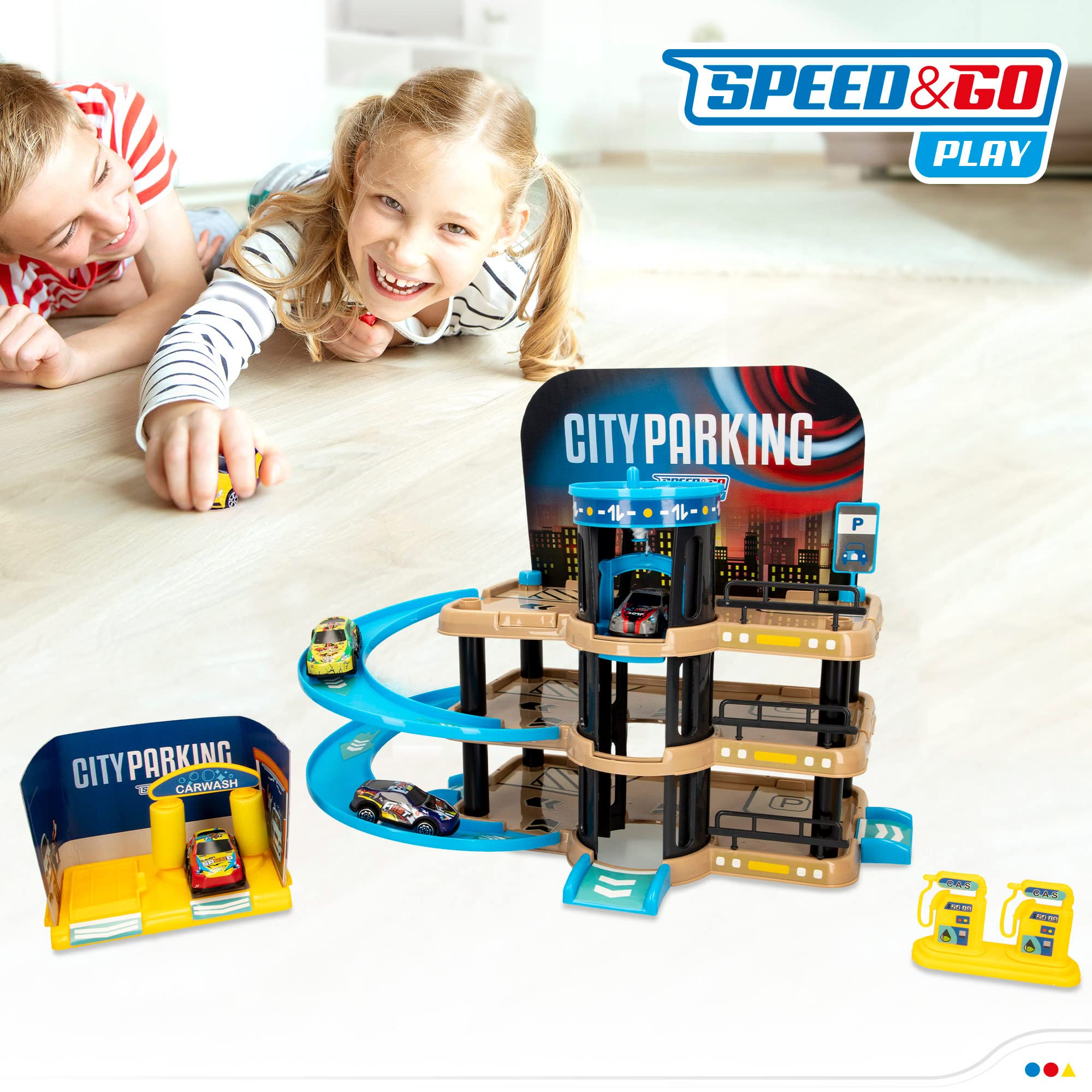 Speed & Go - Garage 3 Niveaux avec 2 Voitures en métal