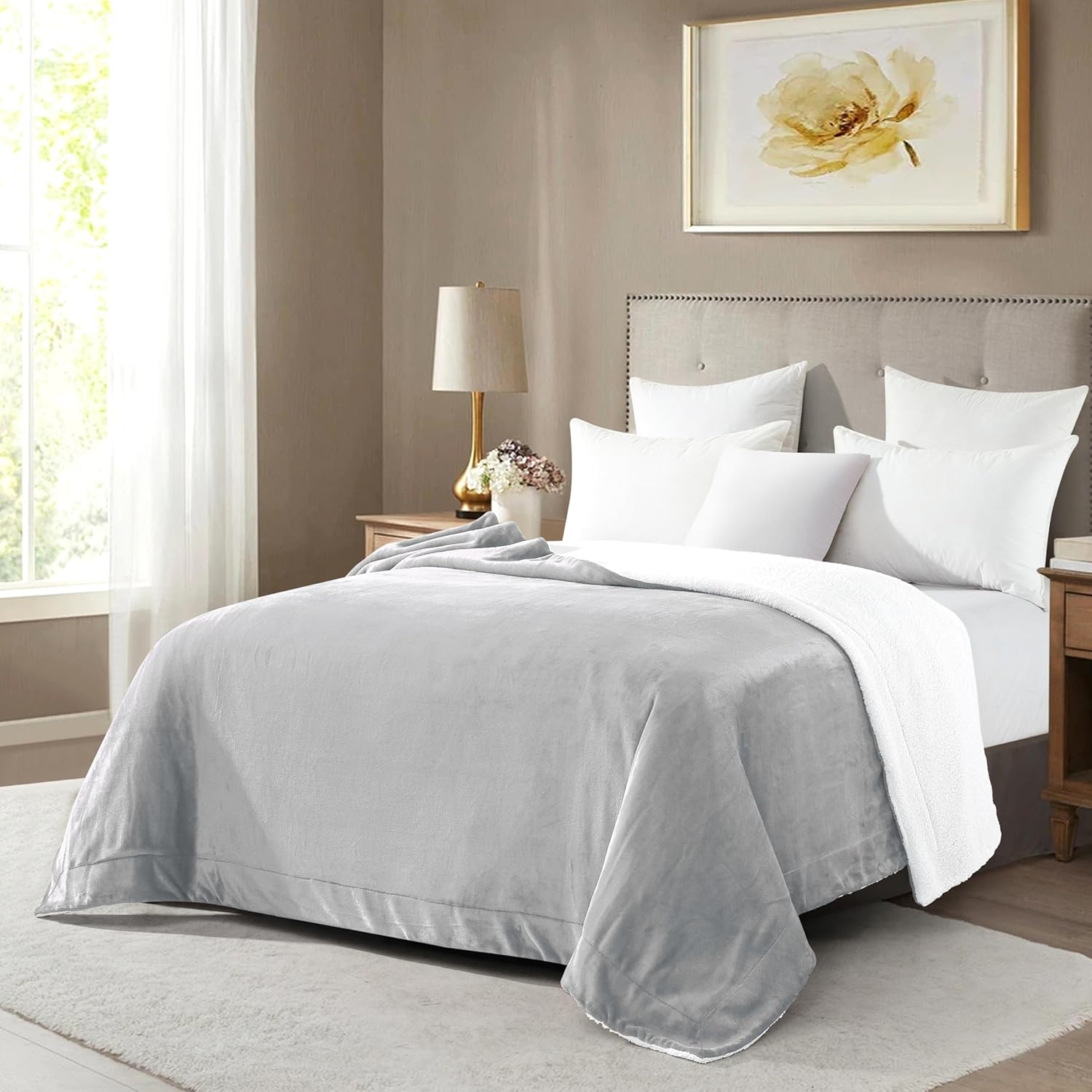 Mocassi Premium Ultra-Soft Flannel Fleece Sherpa Throw Blanket - Warm Cozy Reversible Plush Micromink Blanket for Couch, Bed and Sofa - Fluffy, Christmas Winter Bedding Gift, Full, Silver Grey