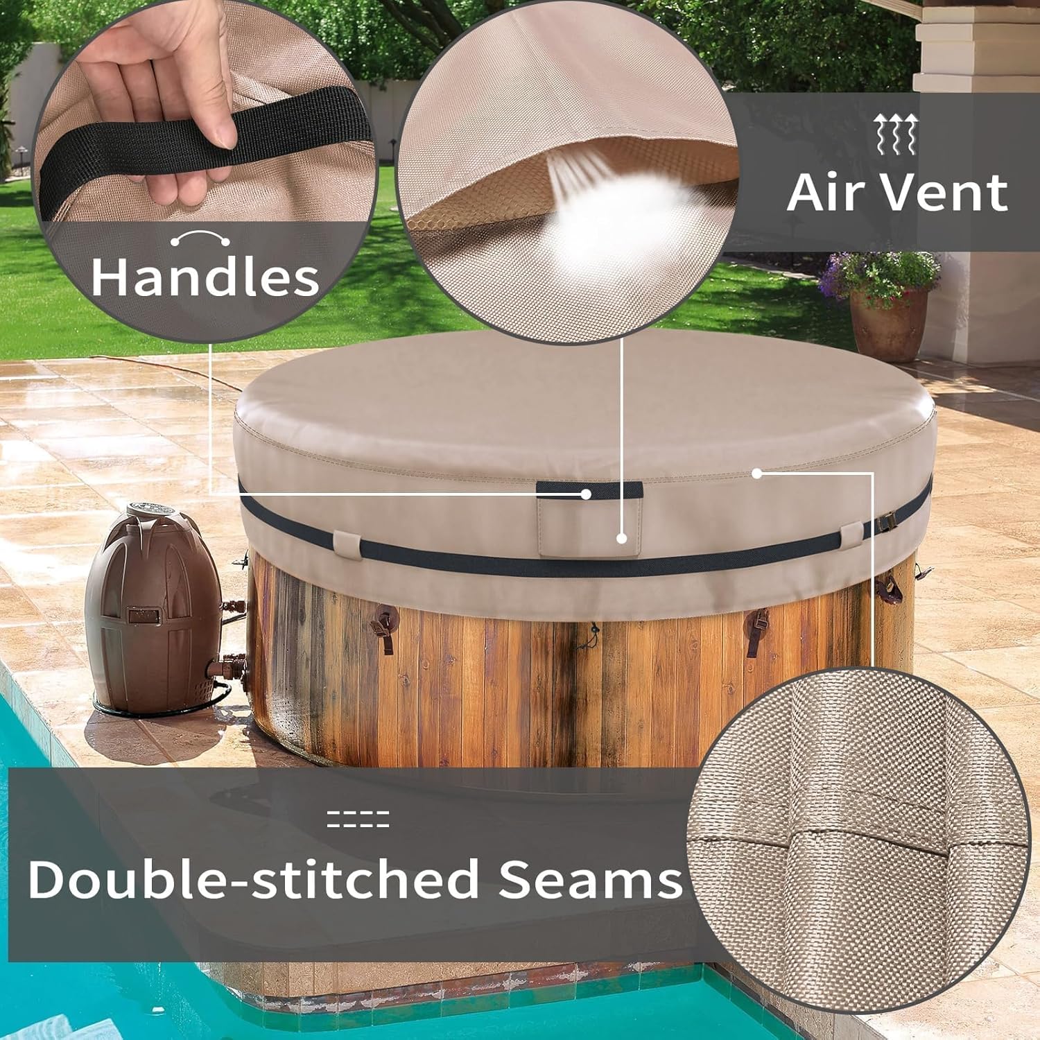 AKEfit Round Hot Tub Cover, 600D Polyester Waterproof for Hot Tub, UV Protection & Windproof, 80''x 14'', Brown