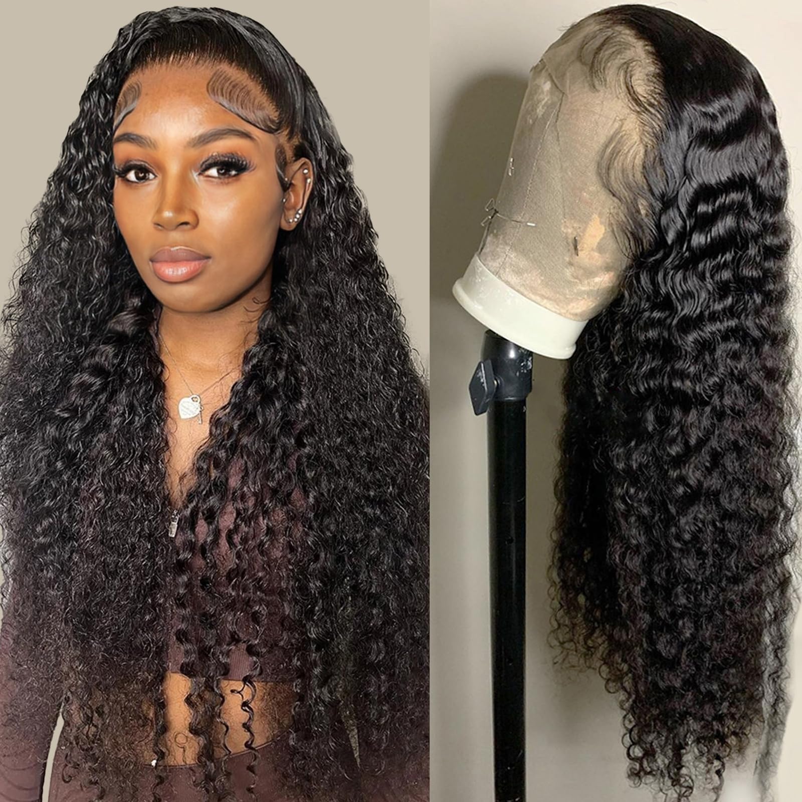 Tipiuli Deep Wave Lace Front Wigs Human Hair 13x4 HD Transparent Lace Frontal Curly Wigs for Women Human Hair 180% Density Glueless Wigs Human Hair
