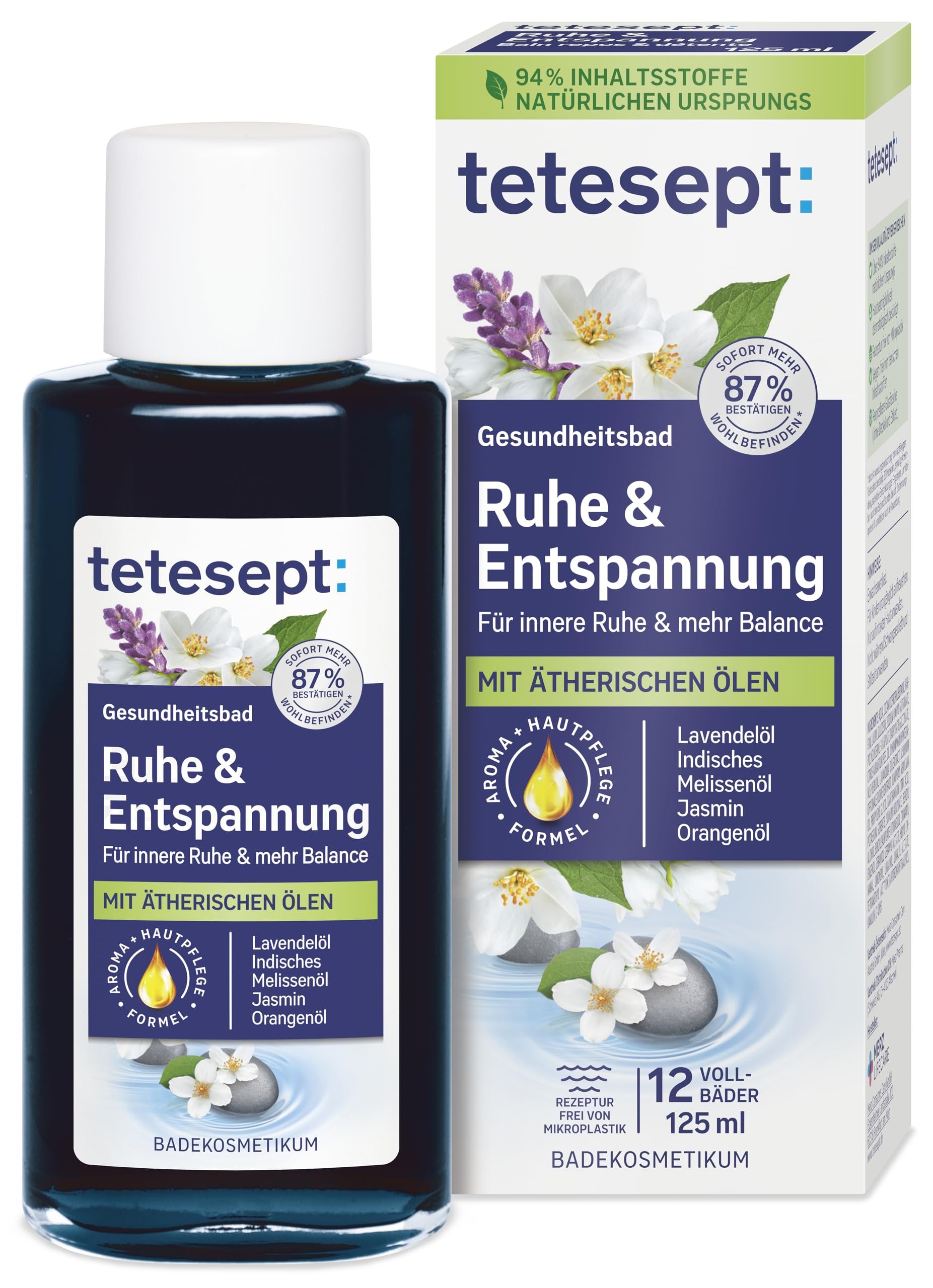 tetesept Ruhe & Entspannung Bad - 1 x 125 ml - Gesundheitsbad mit 5 ätherischen Ölen für innere Ruhe und mehr Balance – kosmetischer Badezusatz mit Hautpflege Formel