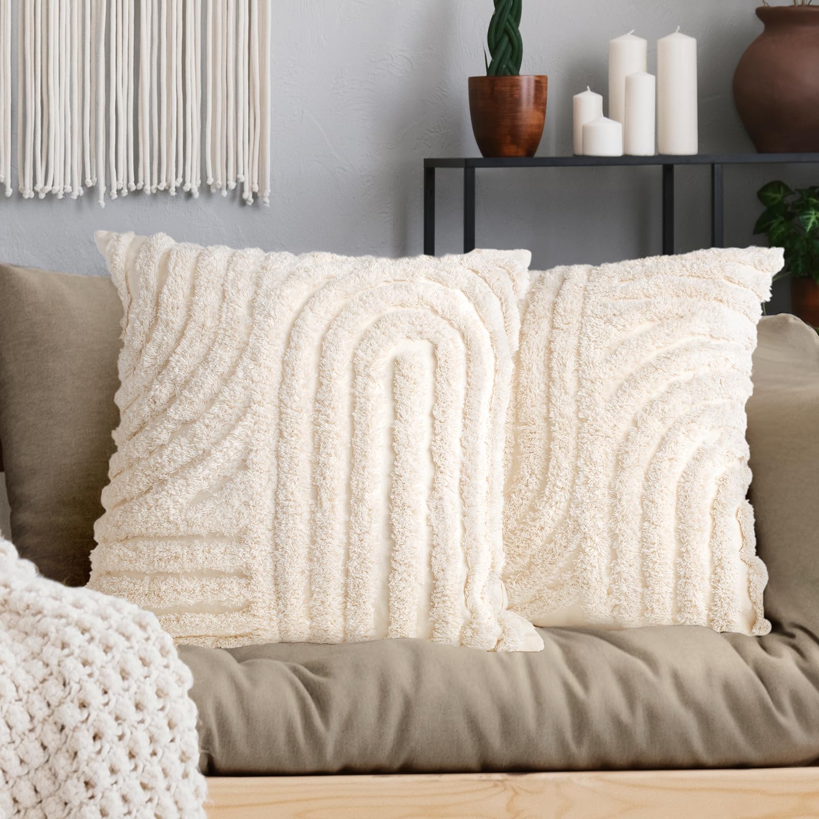 AELS Set Di 2 Federe Decorative In Lino Con Frange | Motivo Bohémien A Righe | Beige Con Dettagli Bianchi E Neri | 50x50 Cm | Solo Fodera
