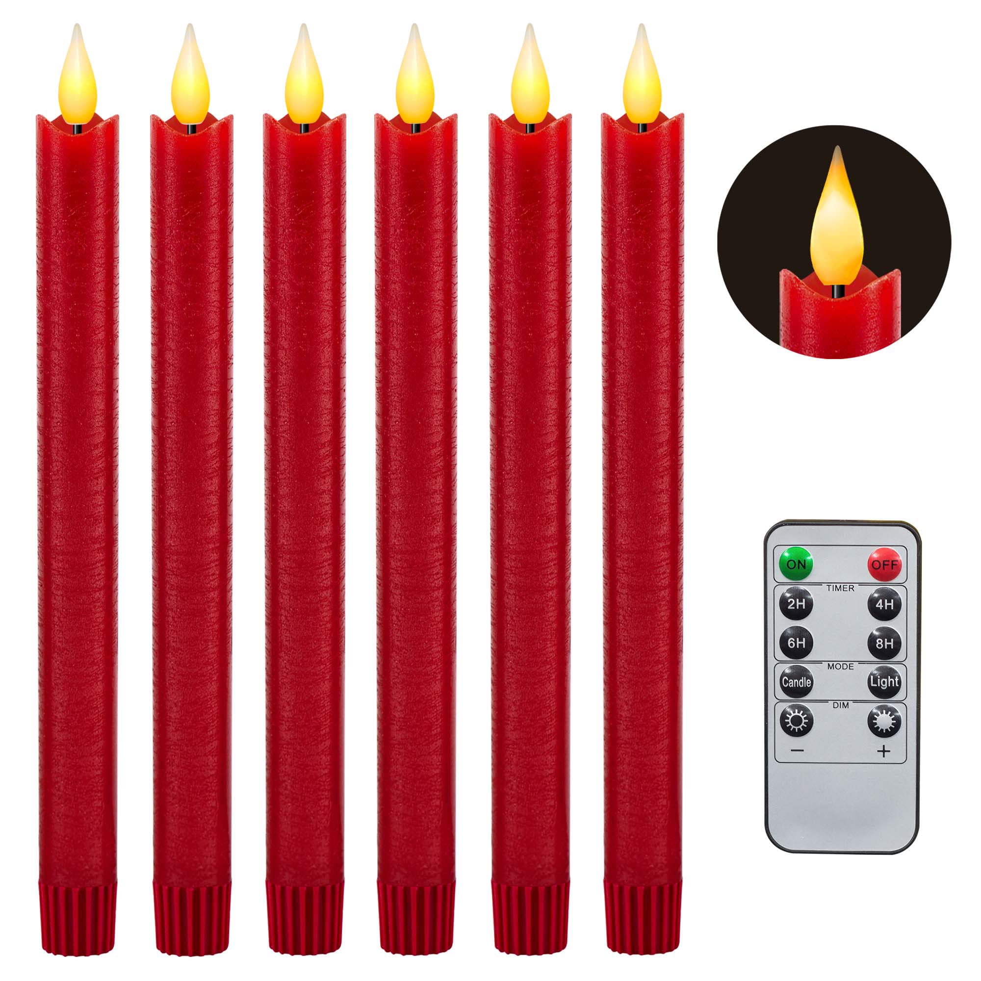 Yongmao Flameless Taper Candles Flickering Battery Operated with 10-Key Remote, Real Wax LED Window Candles Fake Electric Candles 3D Wick Warm Light Pack of 6 for Christmas Home Wedding Decor (Red)