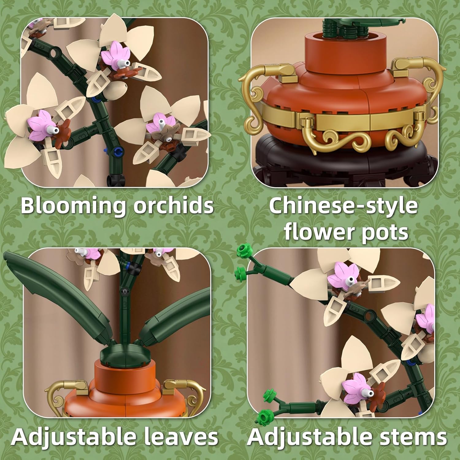 Orchid Flower Building Set with Vase for Adults, Botanical Collection Artificial Flower Blocks Kit, 3D Flowers Wall Art Home Office Decoration or Table Display, Ideal Gift (531PCS)