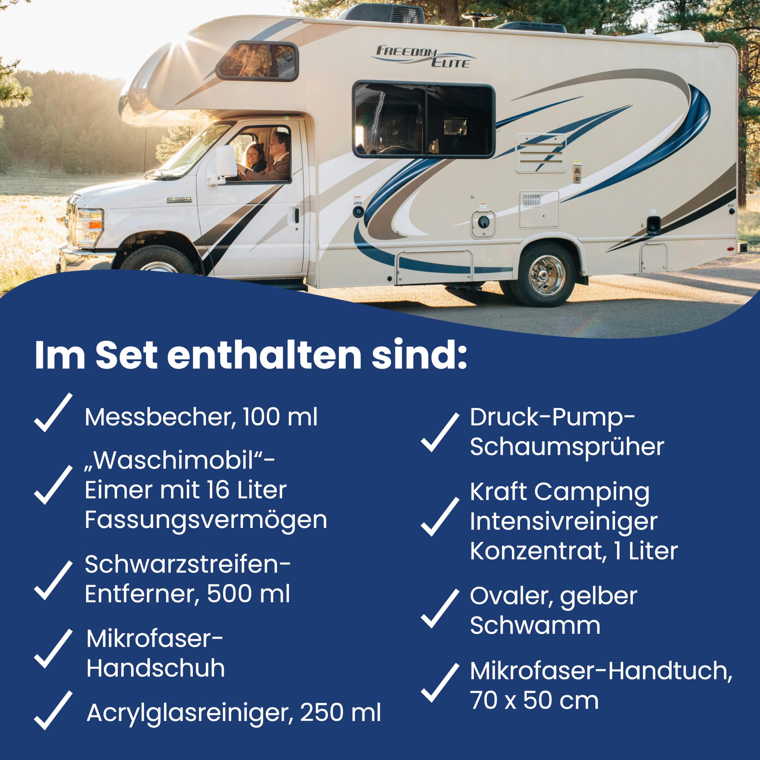AGO Caravan Reiniger Komplett Set 9-teilig/Intensiv Wohnwagen Reiniger außen, Acrylglas Reiniger & Schwarzstreifen-Entferner/Inklusive Eimer und weiterem Putzzubehör
