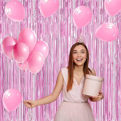 Miniatura 5 de MEEZY Paquete de 3 cortinas de flecos de papel de aluminio rosa de 3.2 x 8.2 pies, serpentinas de oropel de papel metálico con globos rosas para
