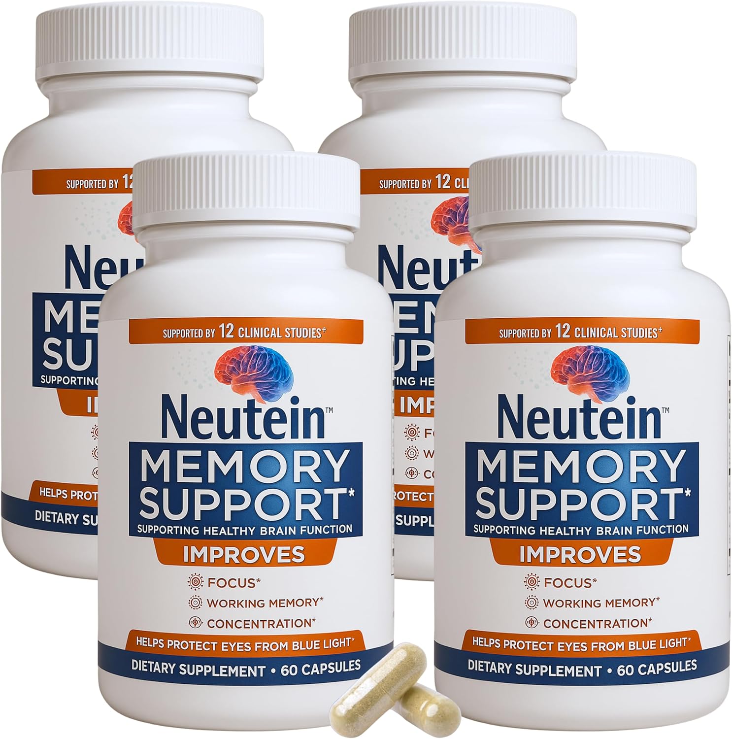 Natural Brain Booster for Memory, Concentration & Brain Health - Extra Strength Plant-Based Focus Supplement for Adults & Seniors, Made in USA (60 capsules/30 Serv)