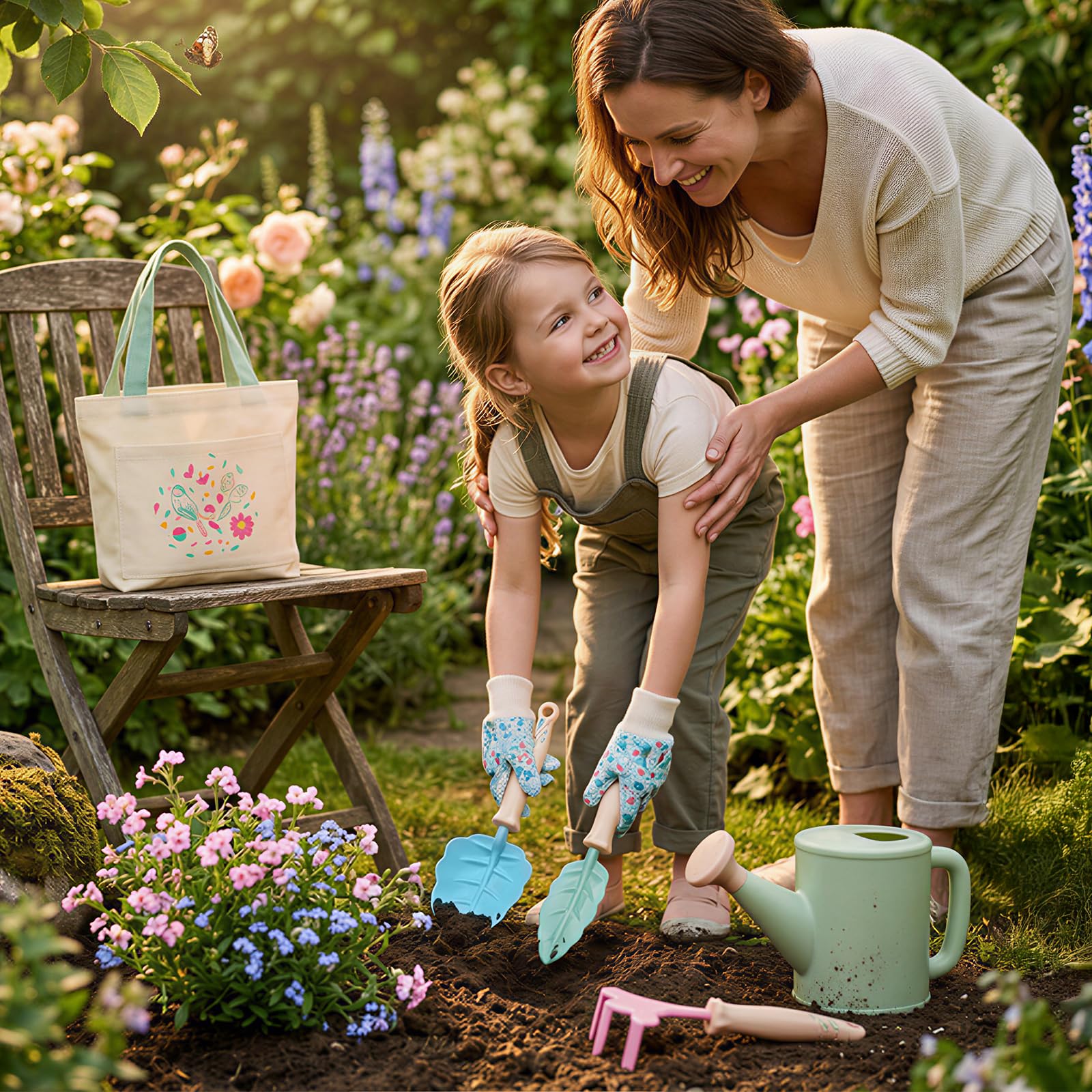 FITNATE Kinder Gartenarbeit Set,6 PCS Gartenwerkzeug Kinder Mit 3 Gartengeräte, Gartenhandschuhe & Aufbewahrungstasche, Out/Indoor Spielzeug Geschenk für Jungen Mädchen