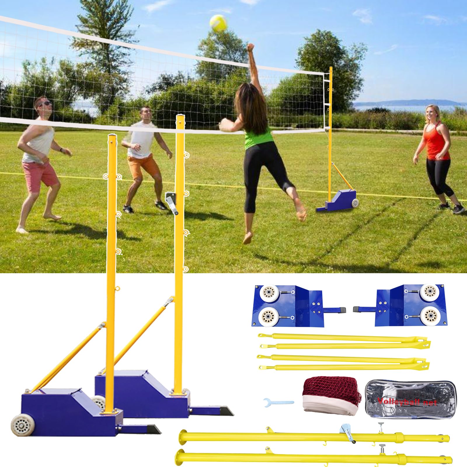 Outdoor/Indoor 5ft-6.8ft Volleyball Poles with Training net and Badminton net for Backyard with Wheels Adjustable Height for Men,Women,Adult,Youth,Kids