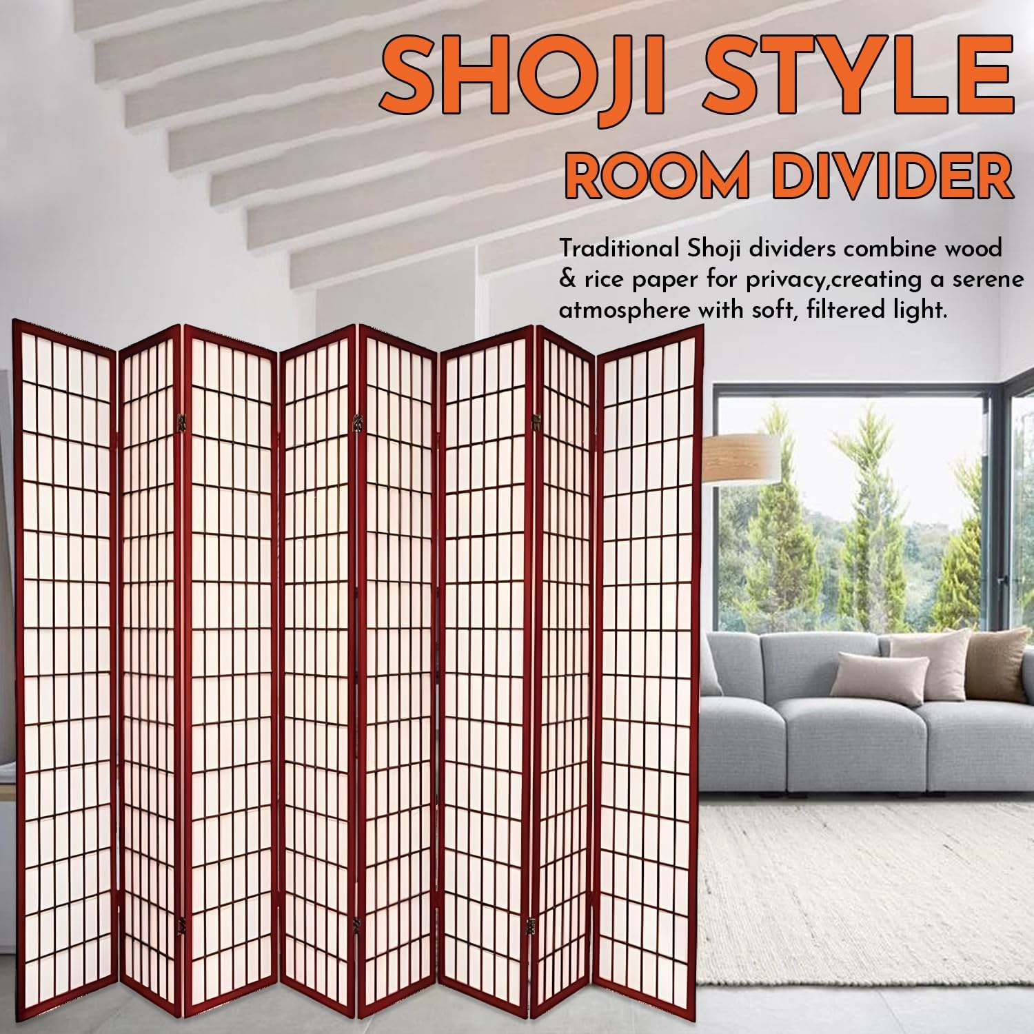 Legacy Decor 8-Panel Shoji Room Divider, Cherry, Real Wood Grid, Translucent Privacy Panels, 140″ W × 71″ H, Folding Screen