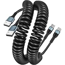 Coiled USB-A to USB-C Data Cable 2-Pack for CarPlay & Android Auto - Short Coiled Type-C Cable, Soft & Tangle-Free Car Charger Cable for iPhone 17/16/15, Samsung Galaxy, Android Auto & CarPlay, 6ft