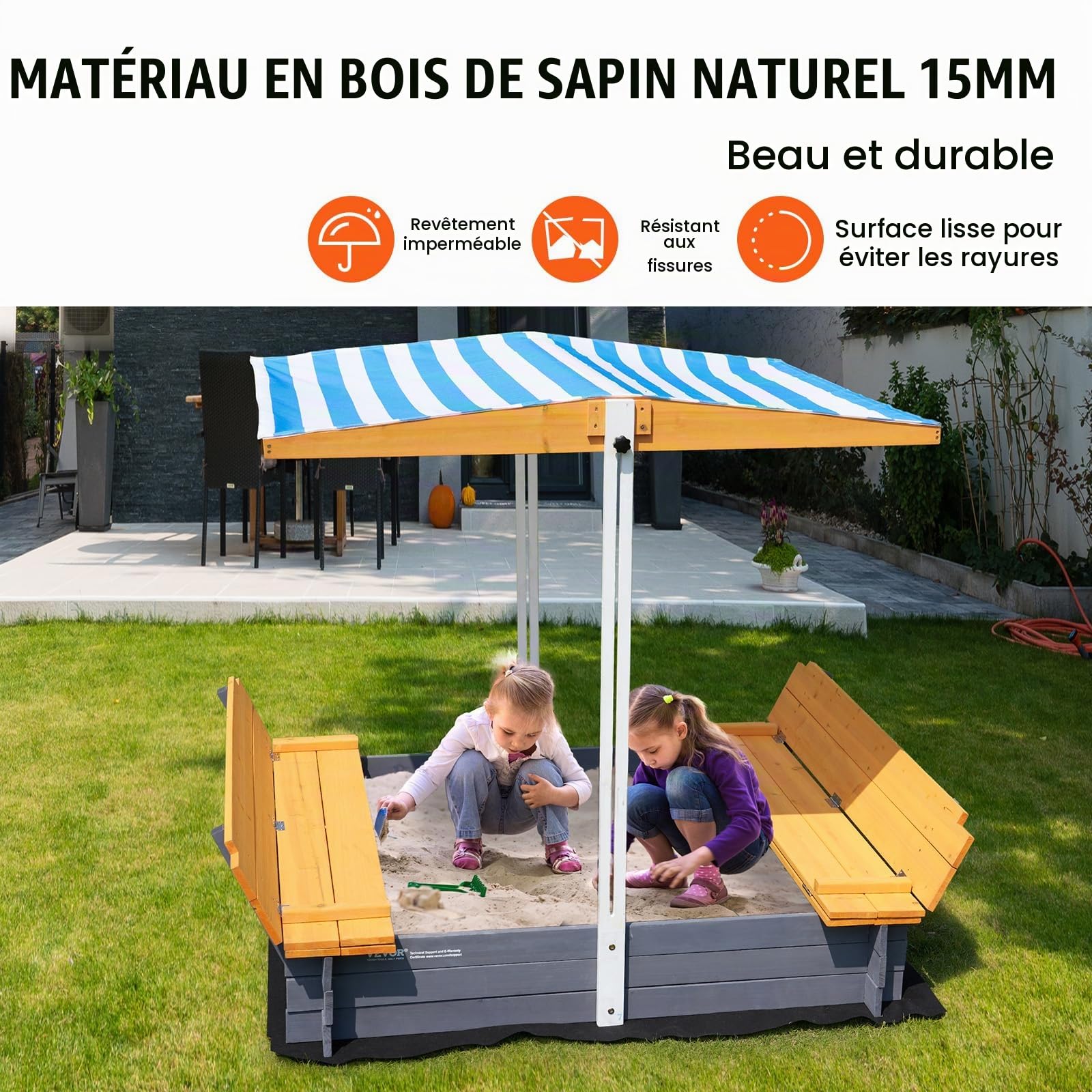VEVOR Bac à sable en bois naturel avec auvent, 1455 x 1200 x 1200 mm, bac à sable avec banquettes pliables et doublure inférieure, pour jardin extérieur, plage, parc, cadeau pour enfants de 3 à 12 ans