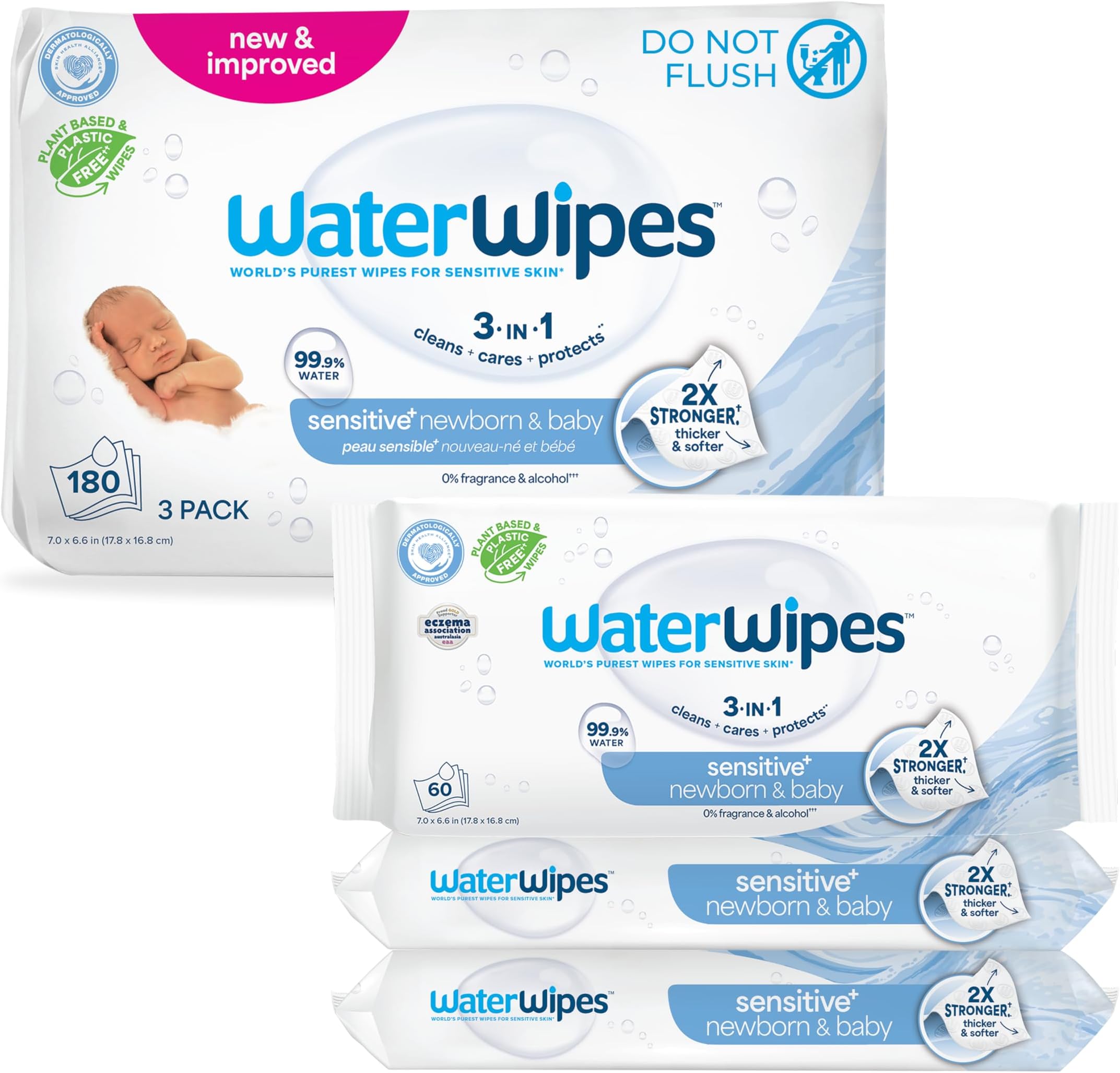 Sensitive+ Newborn & Baby Wipes, 3-In-1 Cleans, Cares, Protects, 99.9% Water, Unscented & Hypoallergenic, 180 Count (3 Packs)