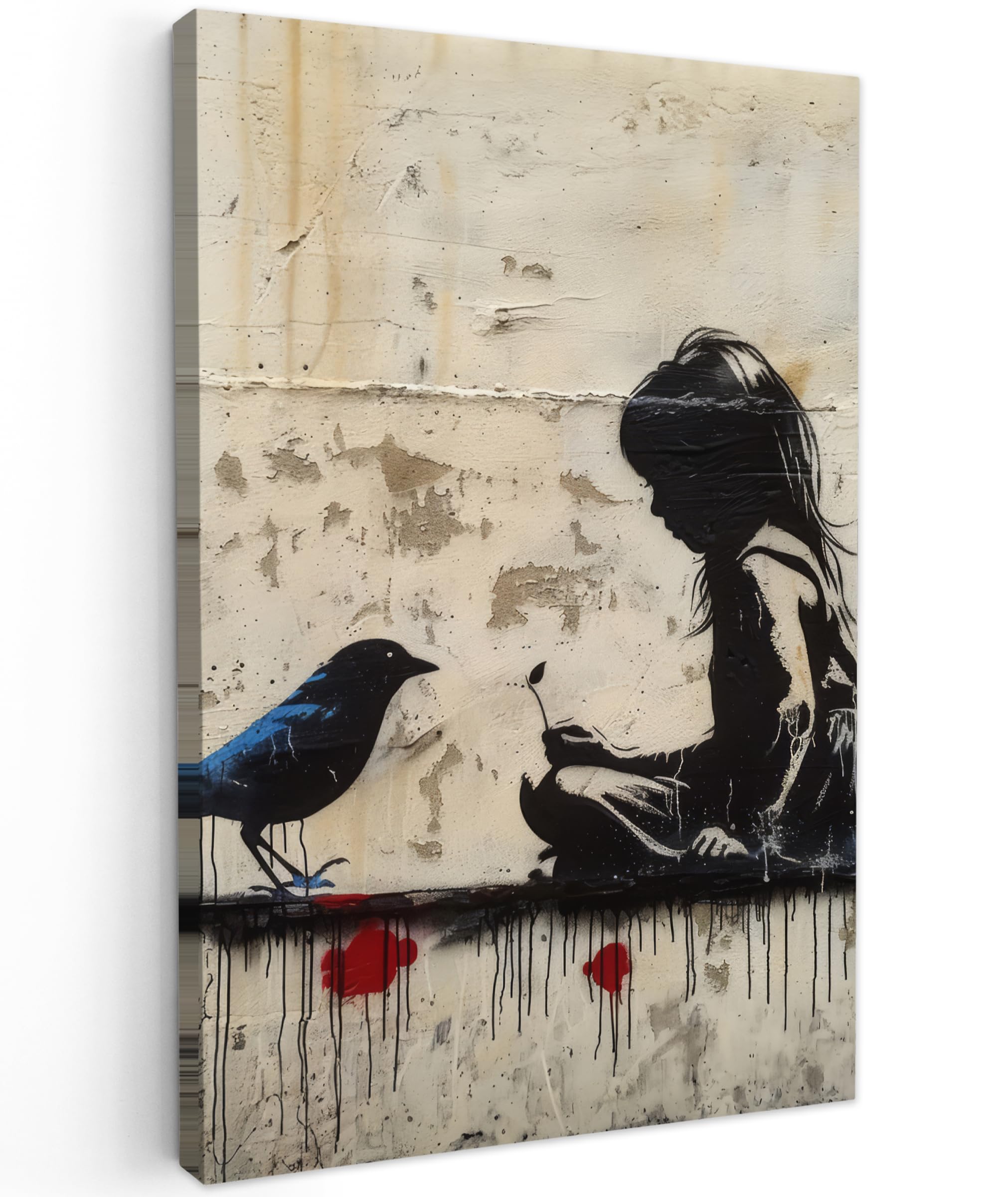 MuchoWow© Bilder 40x60 cm Wohnzimmer Deko Modern Wandbild Kunstdruck auf Leinwand Bild Schlafzimmer über Bett Room Decor Geschenke Street art - Mädchen - Vogel - Graffiti - Banksy