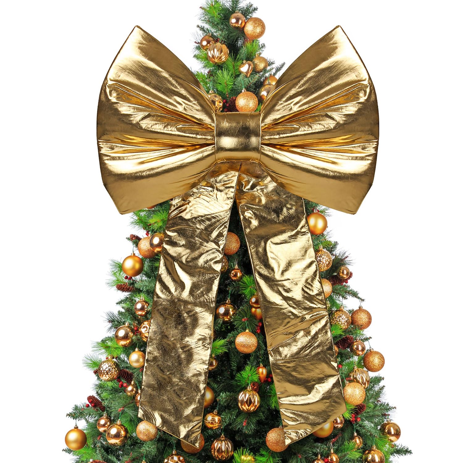 Taylor & Brown Extra Large Gold Christmas Bow 80x120cm – Shiny Metallic Fabric Decorative Bow for Xmas Tree Topper, Front Door & Wreath – Luxury Festive Bow Decoration