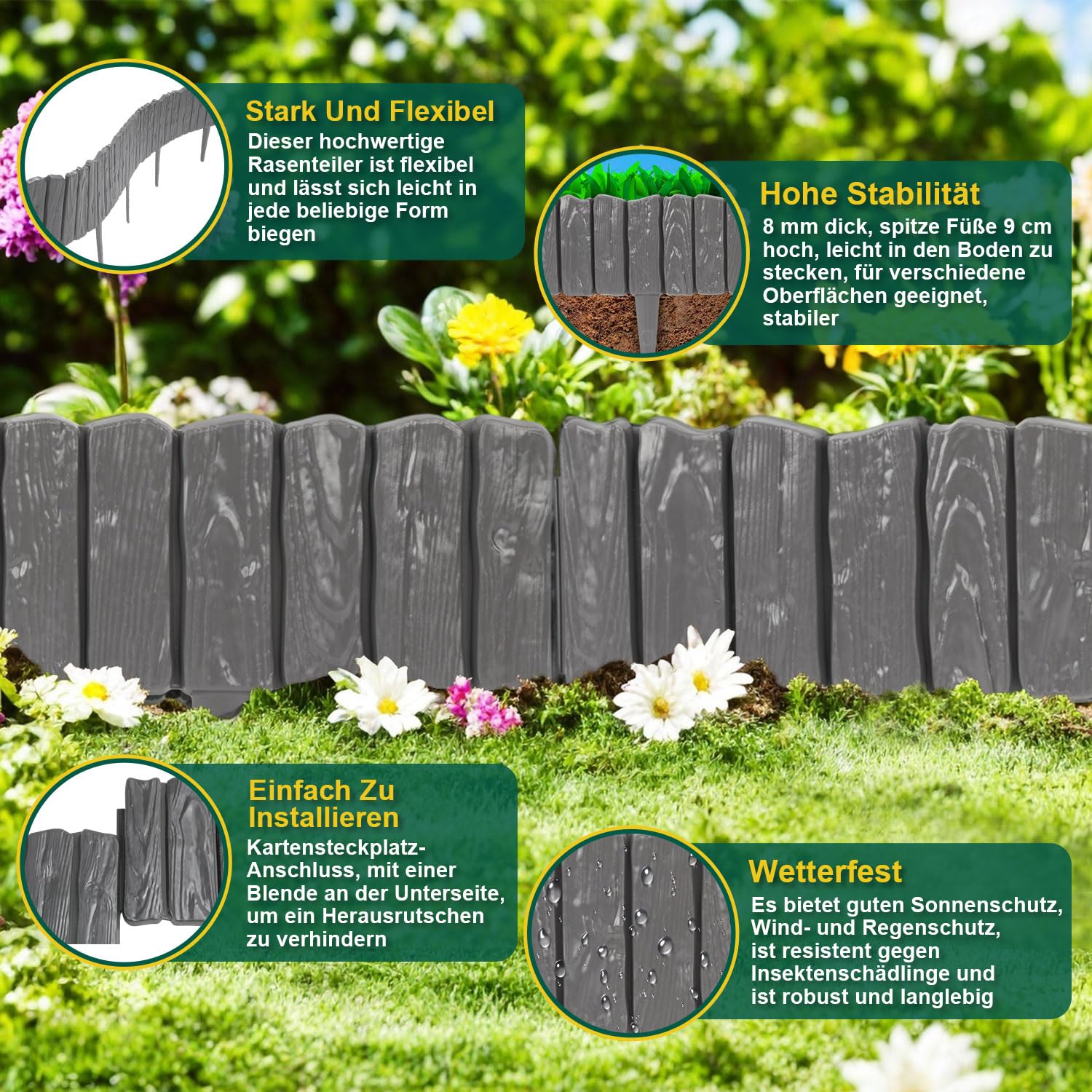 Kunststoff Rasenkante 15.96M Holz Optik Garden Border aus Polypropylen Anthrazit 28 Stück Palisade Beetumrandung Rasenkante Beeteinfassung 1 Element LxH: 57x21 cm