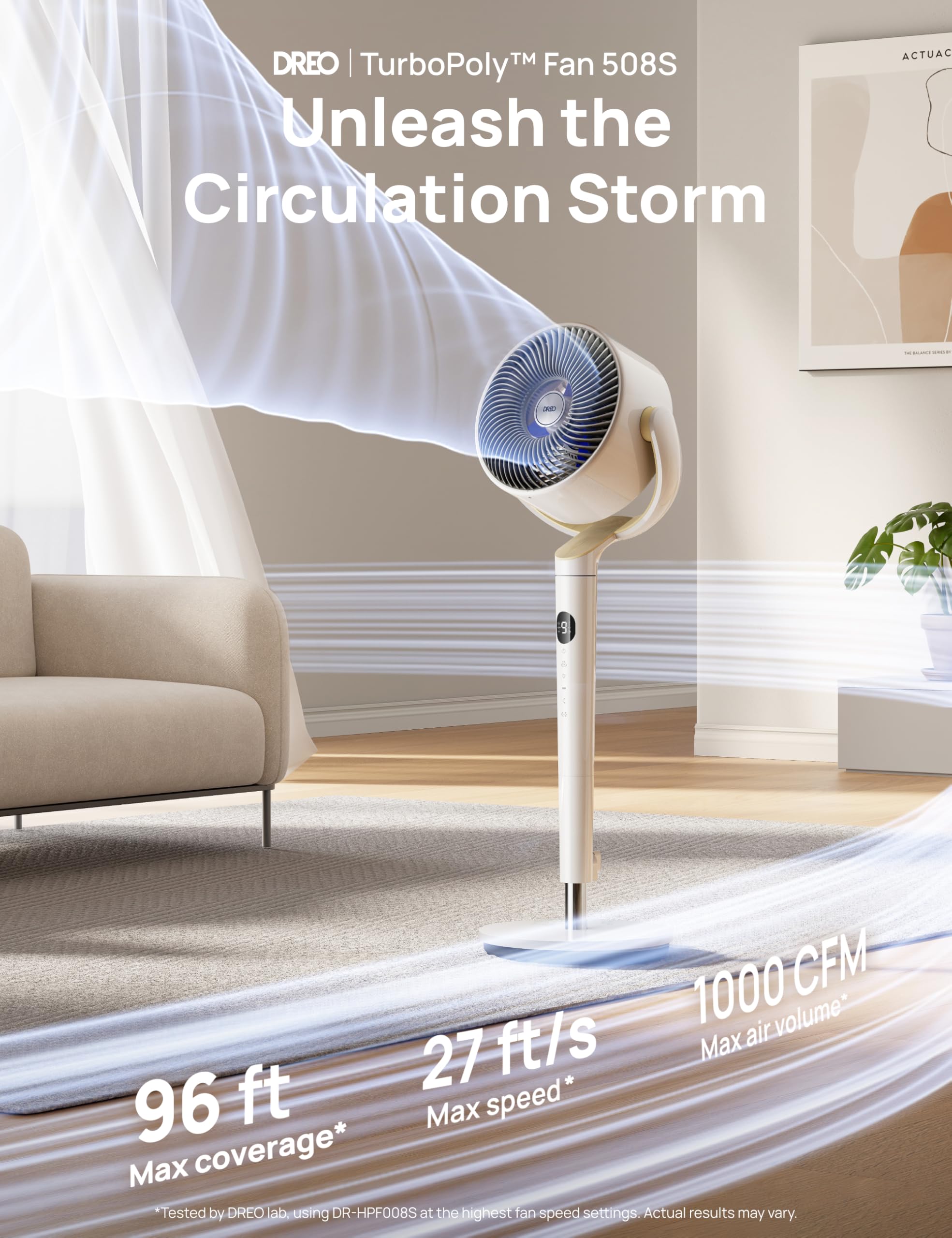 DREO Smart Fan for Bedroom, 120° +120° Omni-Directional Oscillating Fans, 100ft Quiet Pedestal Fan with RGB Light, 9 Speeds, 6 Modes, 20dB, 8H Timer, Wi-Fi/Voice/Alexa, 37-42" Floor Fans with Remote - 3