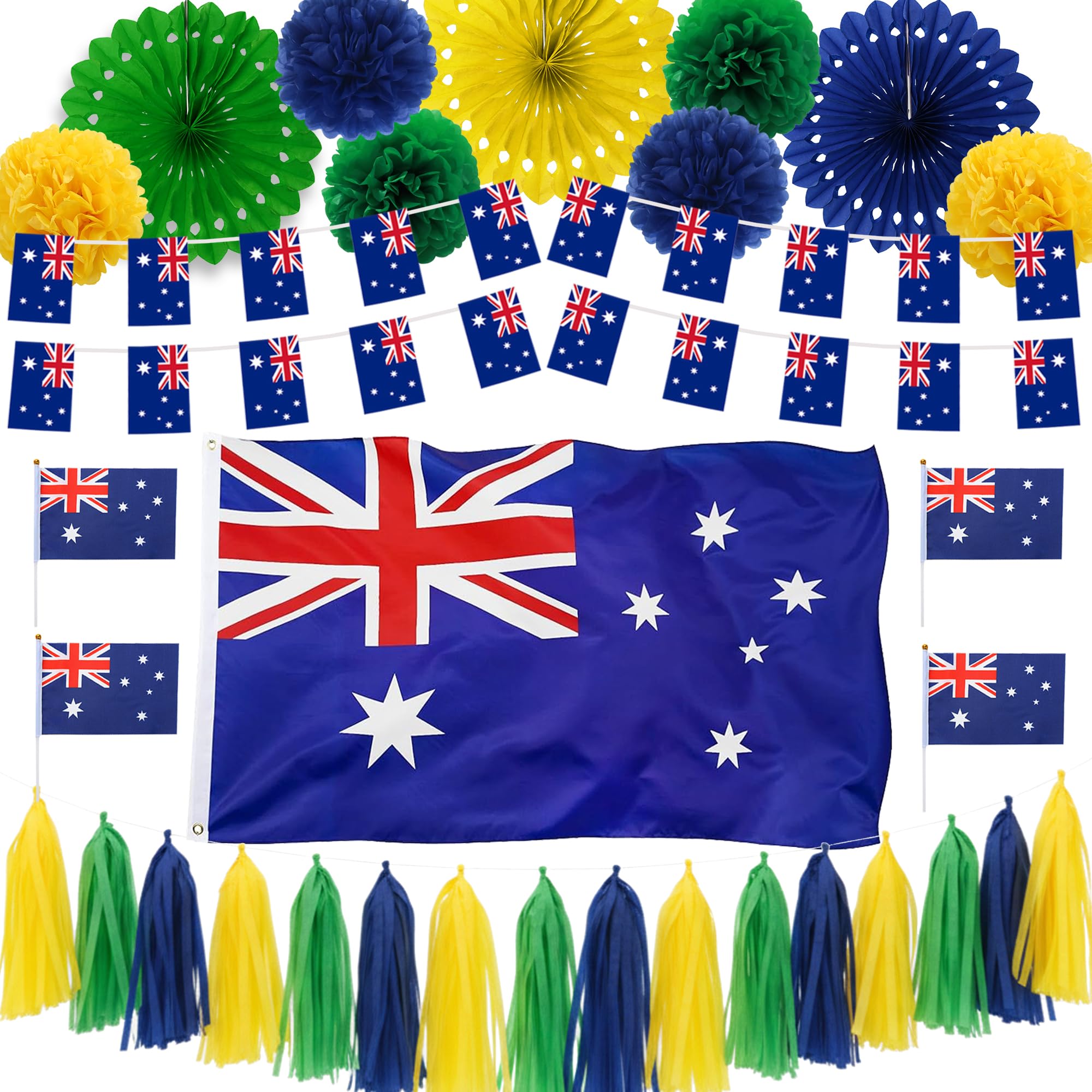 Flerramao Australian Party Decorations Set - Australia Flag Banner Yellow Green Blue Paper Fans Pom Poms, Tassel Garland for Australia Day Decor