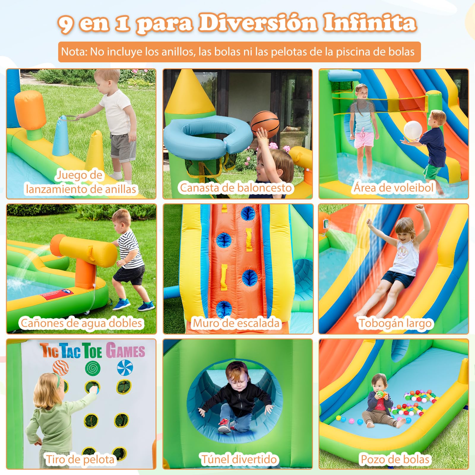 COSTWAY Castillo Hinchable 9 En 1 Gigante – Tobogán Acuático Y Zona De Juego Seca Para Niños De 3 A 10 Años, Inflable Para Interior Y Exterior, 378x469x250 Cm