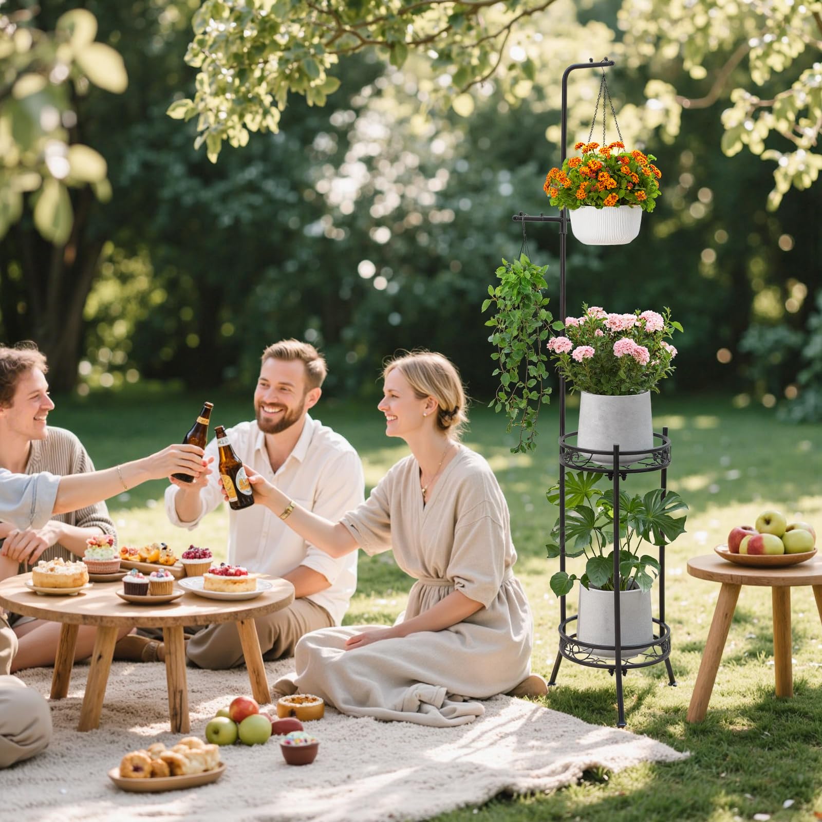 CZWL&HG Hängender Pflanzenständer, verstellbar, 2 Ebenen, 183 cm, Metallregal, hohes Pflanzenregal für drinnen und draußen, mit Aufhängern für 4 Topfblumen, Eckregal für Wohnzimmer und Terrasse