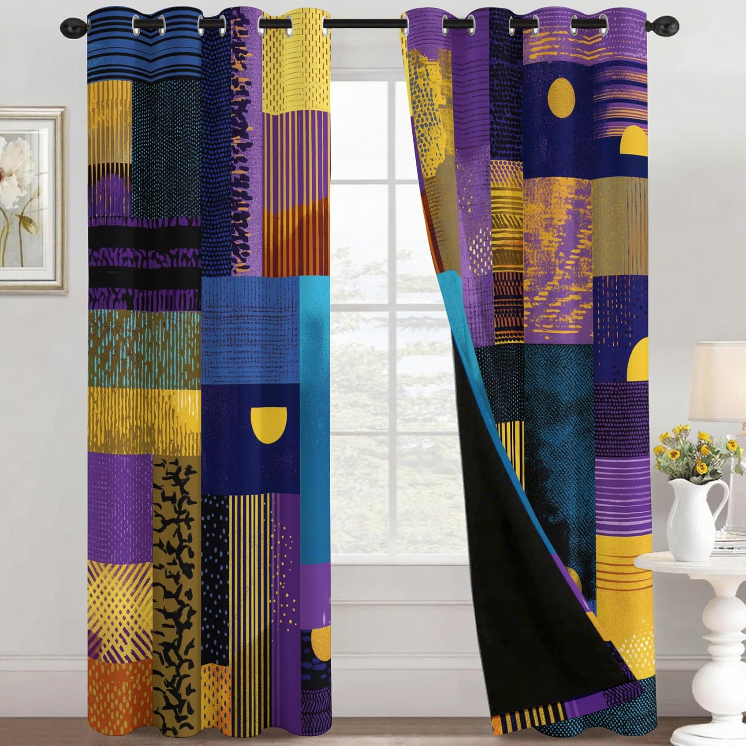Geometric Patchwork Curtains for Bedroom Decor, 63 Inch Length, Modern Abstract Boho Pattern Design Blackout Drapes, Geometric Patchwork Curtains for Living Room, 2 Panels Set E&-8476