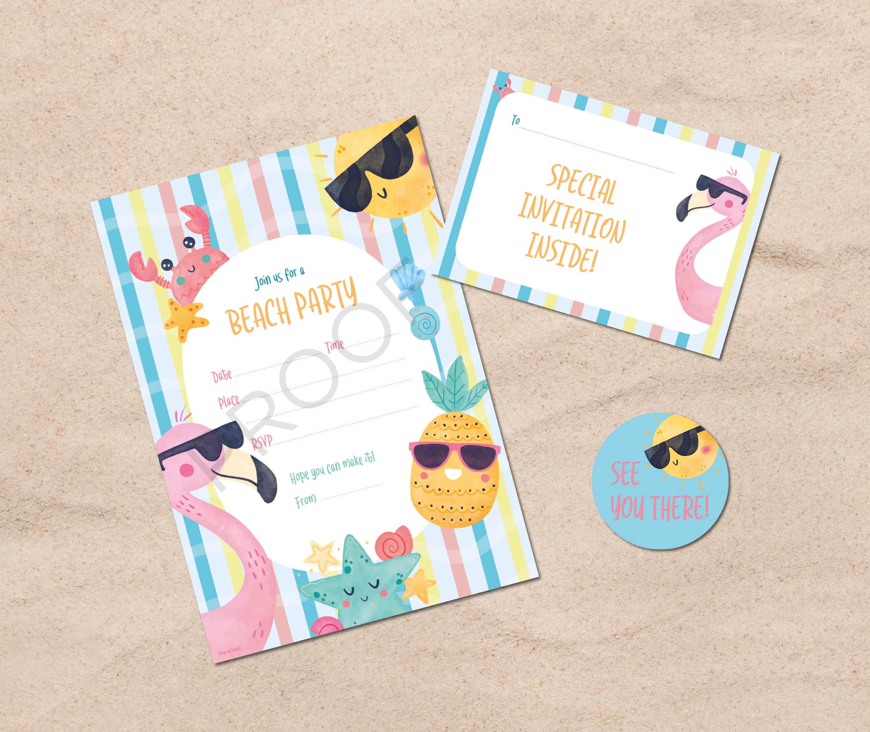 Prickly Products Beach Party Invitation - Folding Design with Stickers x 15 - A5 (148mm x 210 mm), Folds to A6 (148mm x 105mm) FOLD20