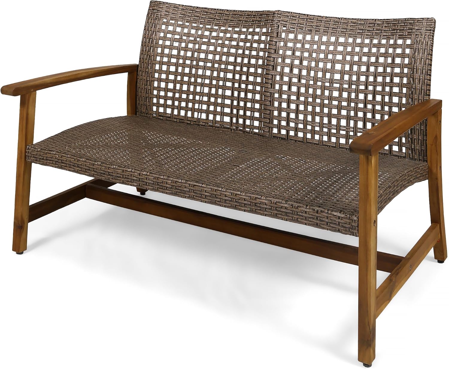 Merax Outdoor Patio Wicker Sofa, Small Casual Couch Loveseat with High Back & Armrest, Acacia Wooden Furniture for Backyard Garden, Waterr Resistant, Iron Seat Frame, Natural