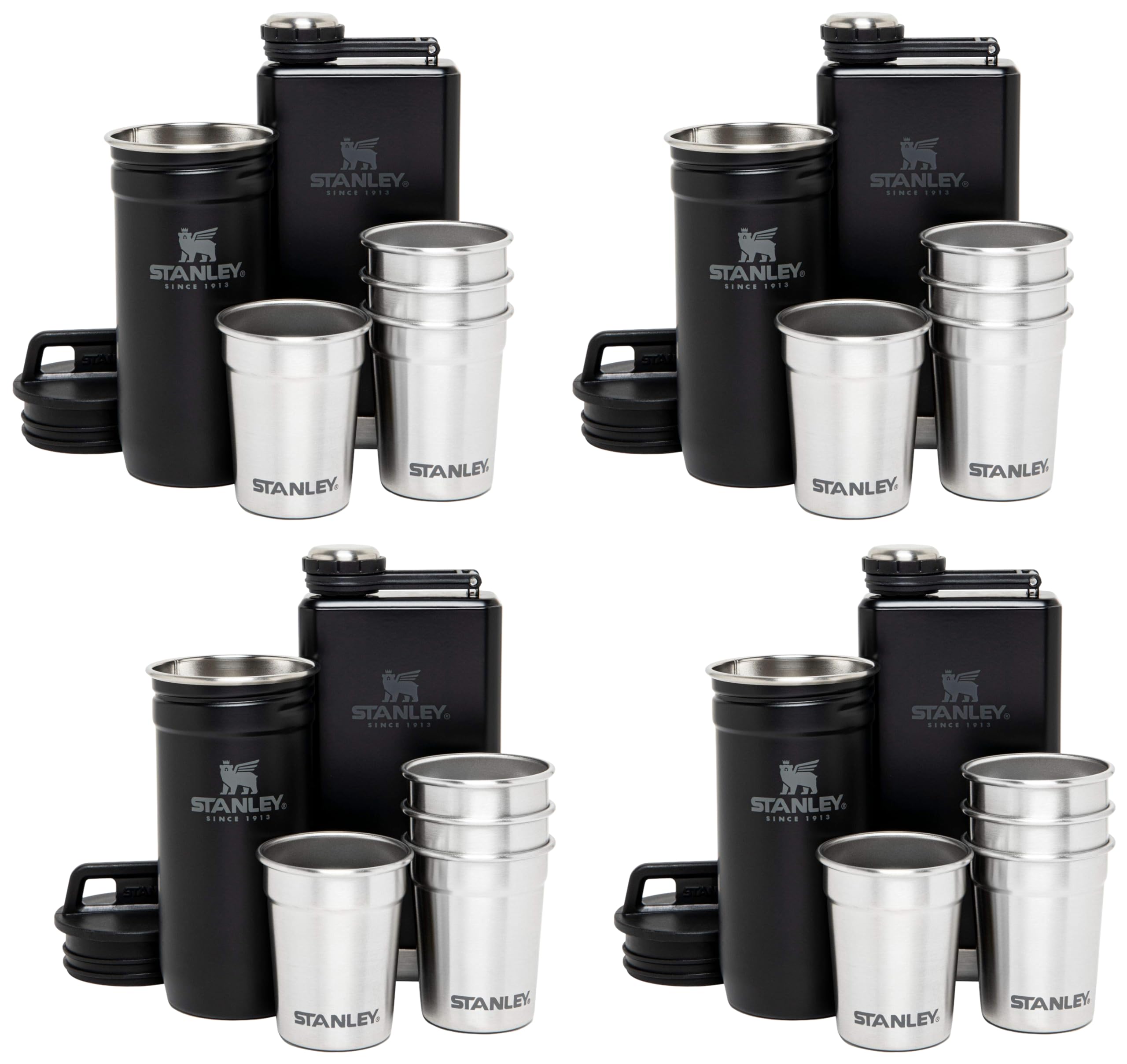 Stanley Adventure Pre-Party Flask &amp; Nesting Shot Glass Set 8 oz Leakproof Hip Flask 4 Shot Glasses in Travel Carrying Case Insulated Stainless Steel Liquor BPA-Free Matte Black(Pack of 4)