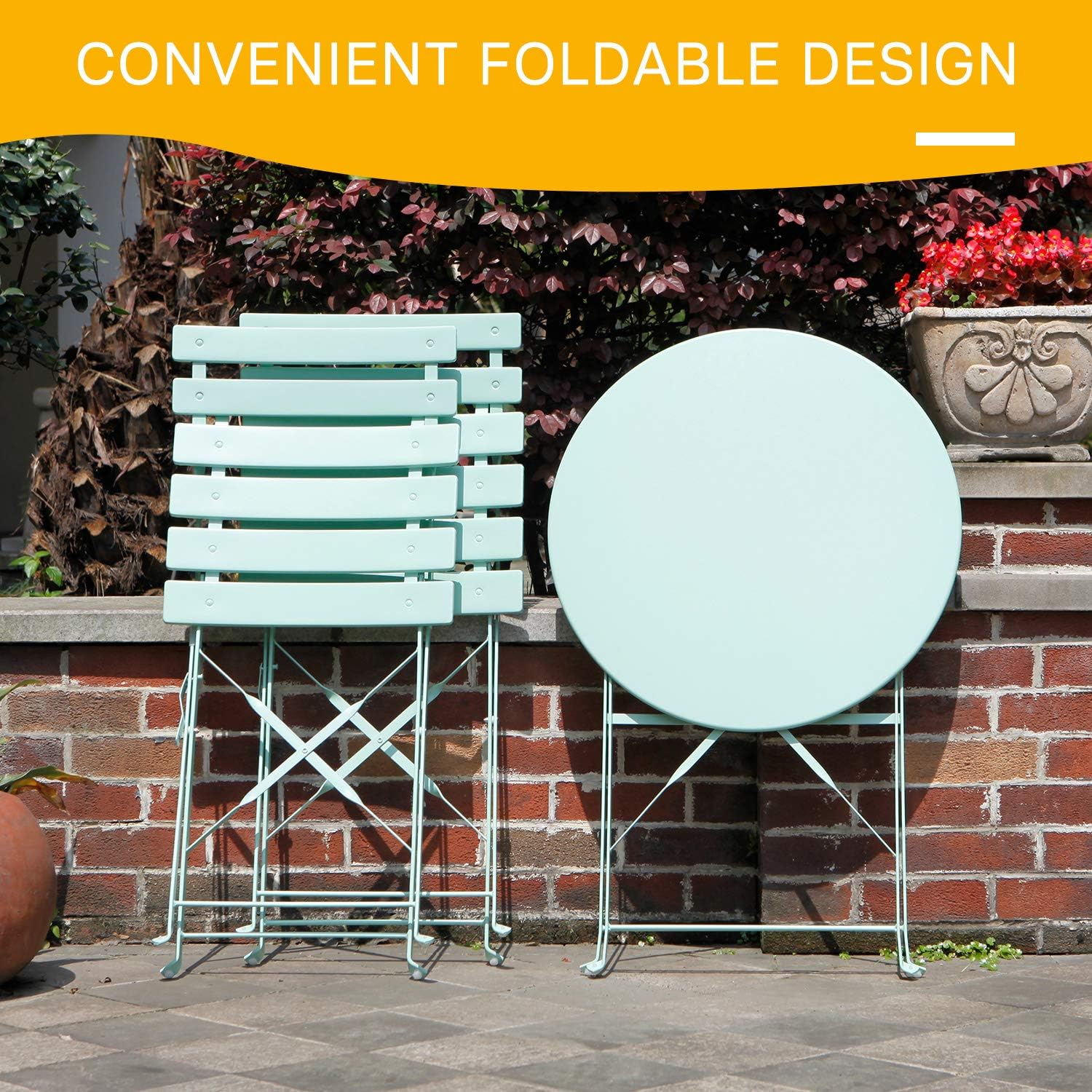Grand patio 3pc Metal Folding Bistro Set, 2 Chairs and 1 Table, Weather-Resistant Outdoor/Indoor Conversation Set for Patio, Yard, Garden-Macaron Blue : Patio, Lawn & Garden