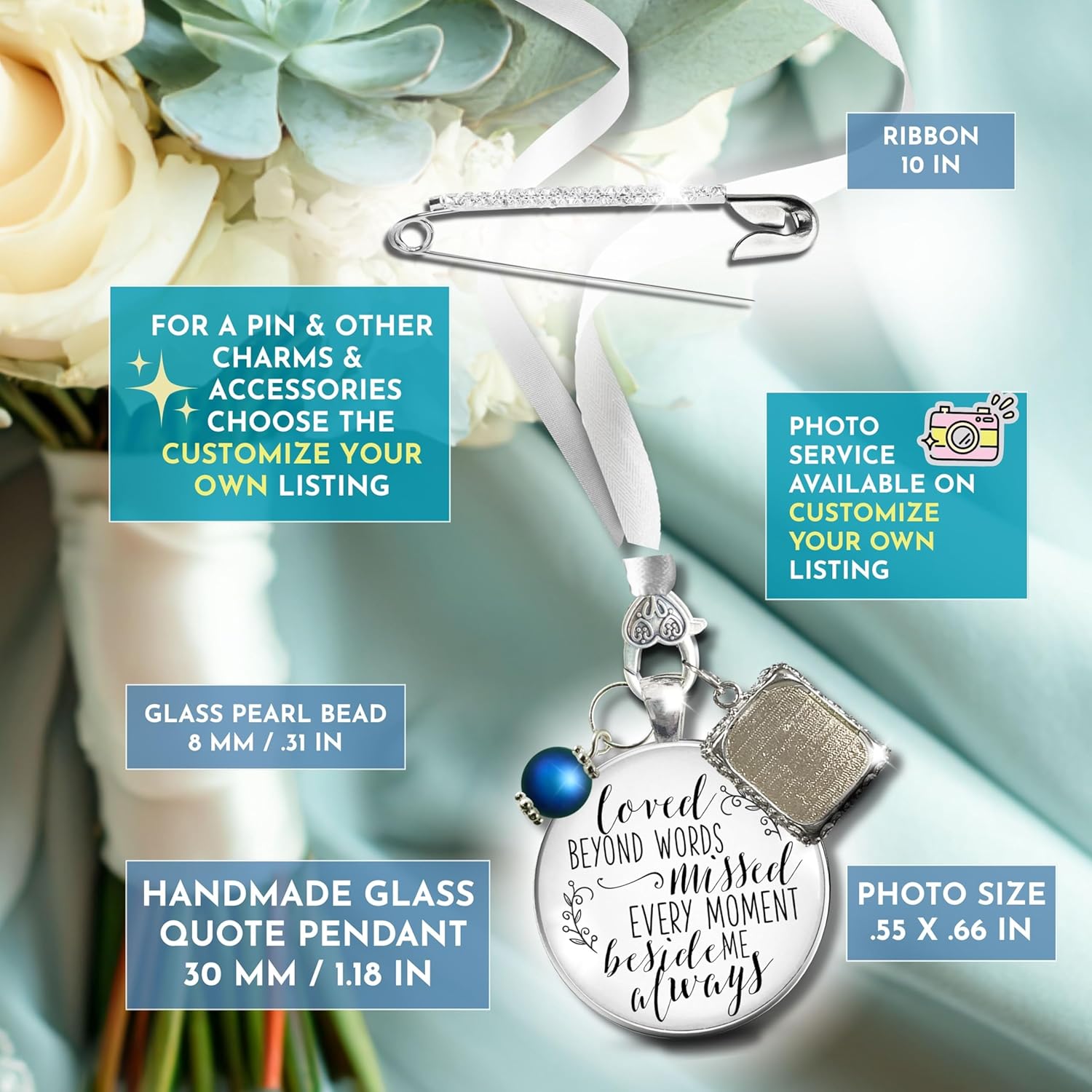 Gutsy Goodness Wedding Memory Charm Loved Beyond Words, Missed Every Moment Memorial Bouquet Jewelry Photo Frames Bronze Silver Cream White Pendant Bridal Flower DIY Picture Template - Image 6